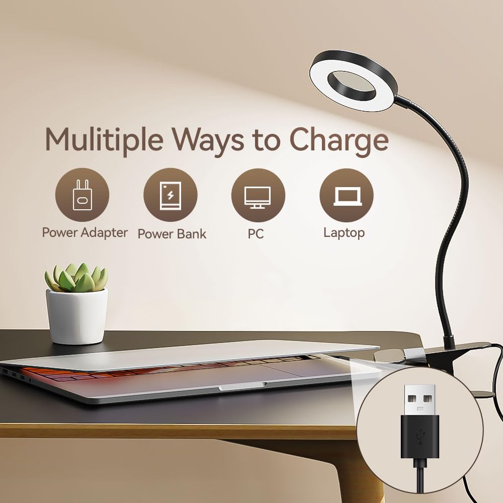 LED Desk Lamp with 3 Color Modes & 10 Brightness Levels - 360° Adjustable Gooseneck Clip-On Light, Eye Protection Study Lamp for Home Office, Reading, Video Conferencing & Night Work - Includes Video Tutorials