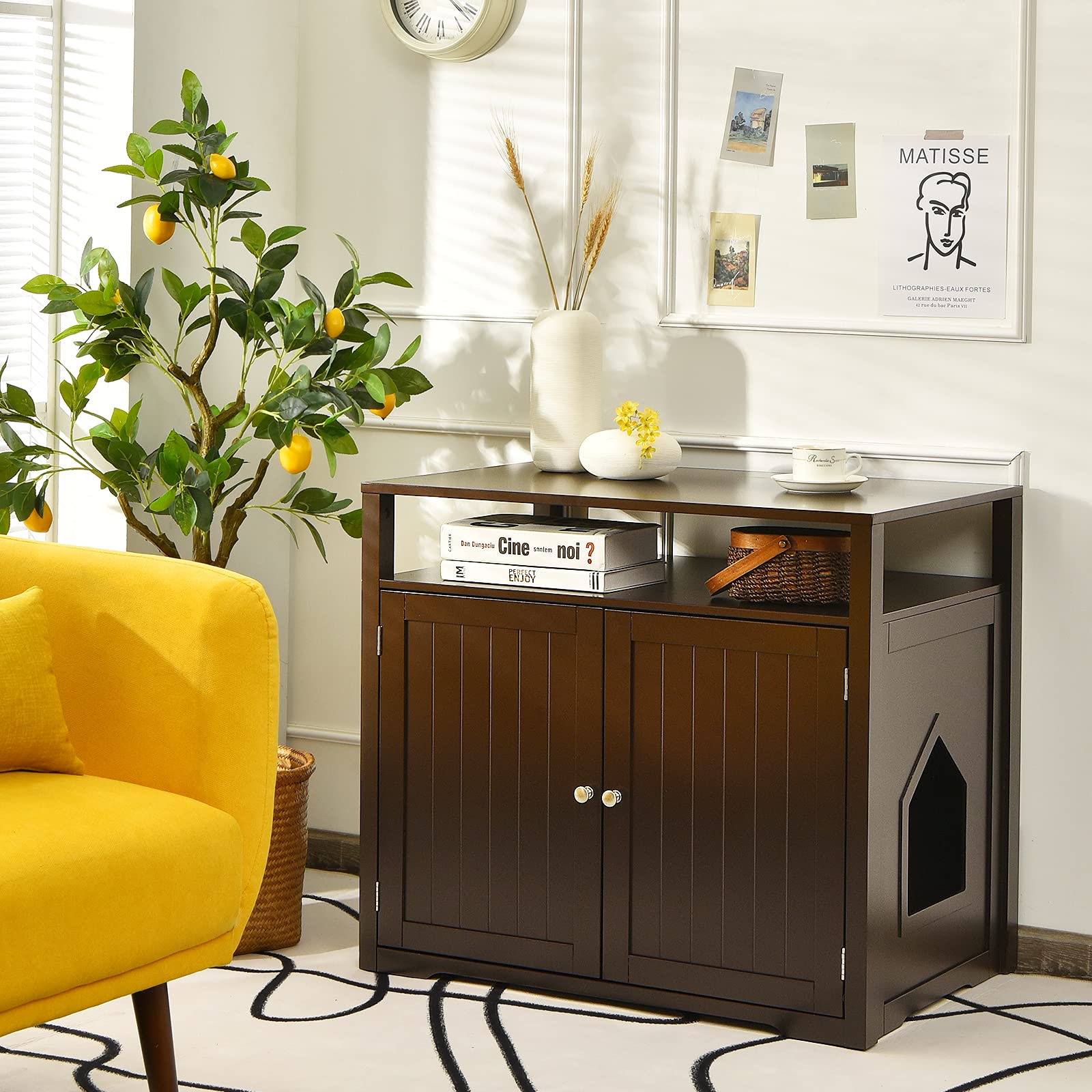 Tangkula Hidden Cat Litter Box Enclosure - Wooden Indoor Cat Washroom Furniture with Adjustable Divider, Decorative Side Table with Doors & Large Tabletop - Perfect for Small Spaces & Home Décor