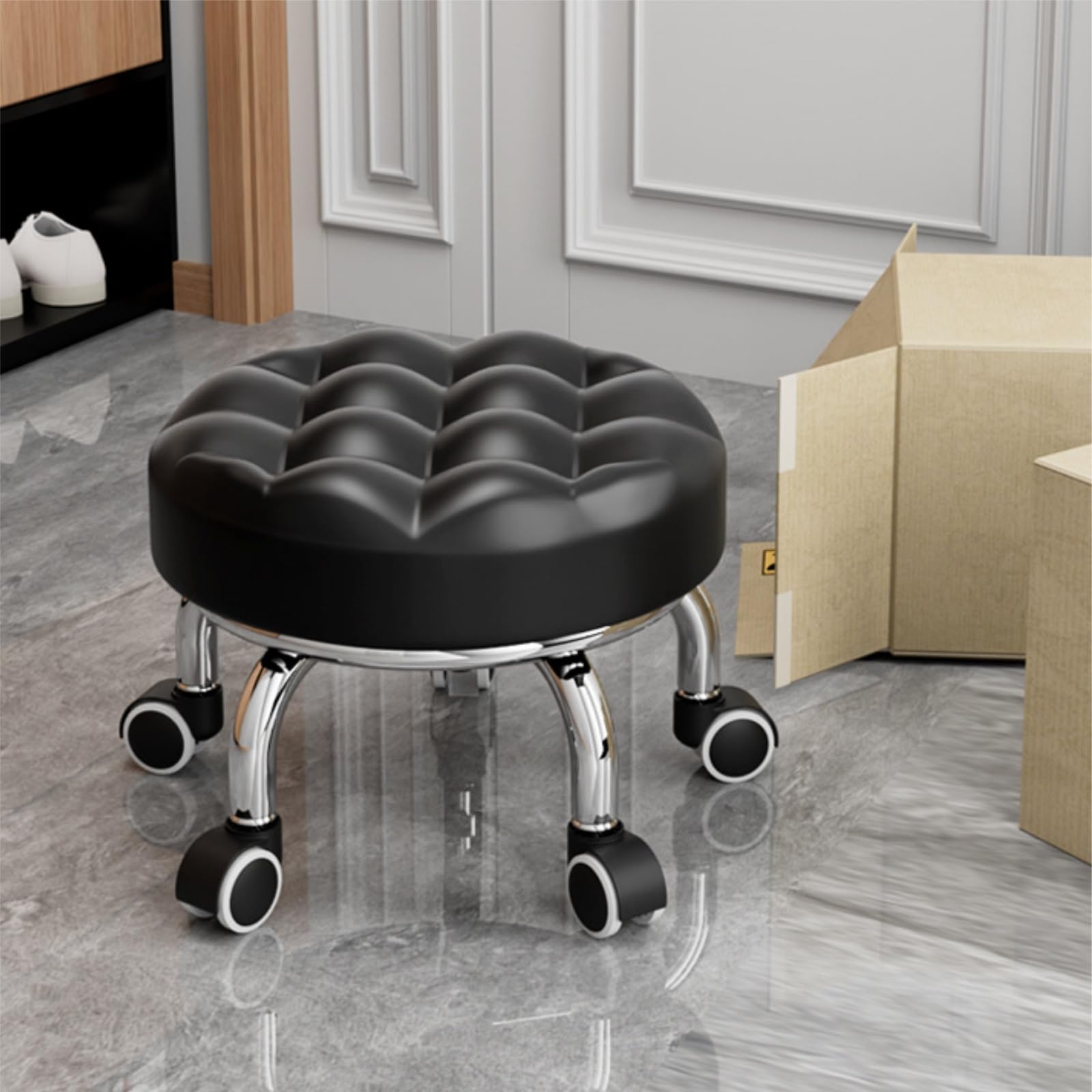 360° Swivel Rolling Stool - PU Leather Low Height Rolling Chair with Casters - 9