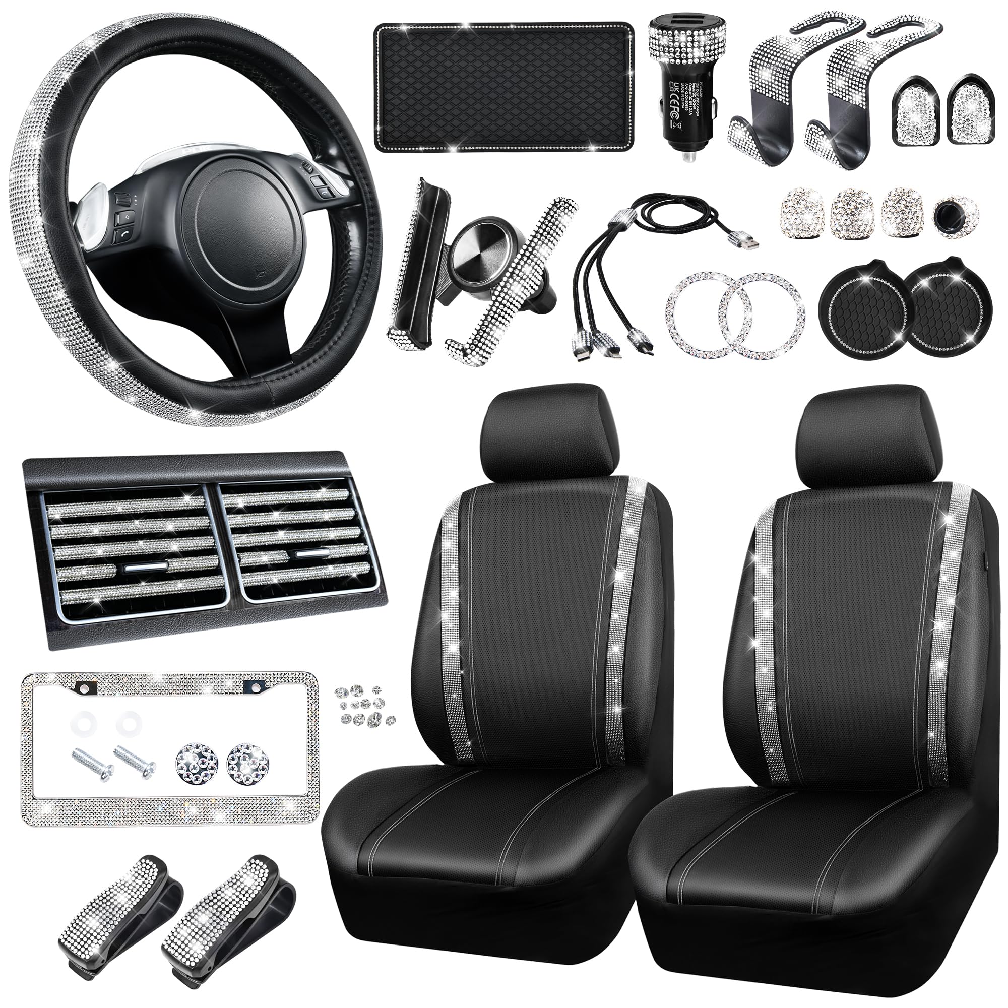 34 PCS Bling Car Accessories Set for Women - Leather Seat Covers, 15