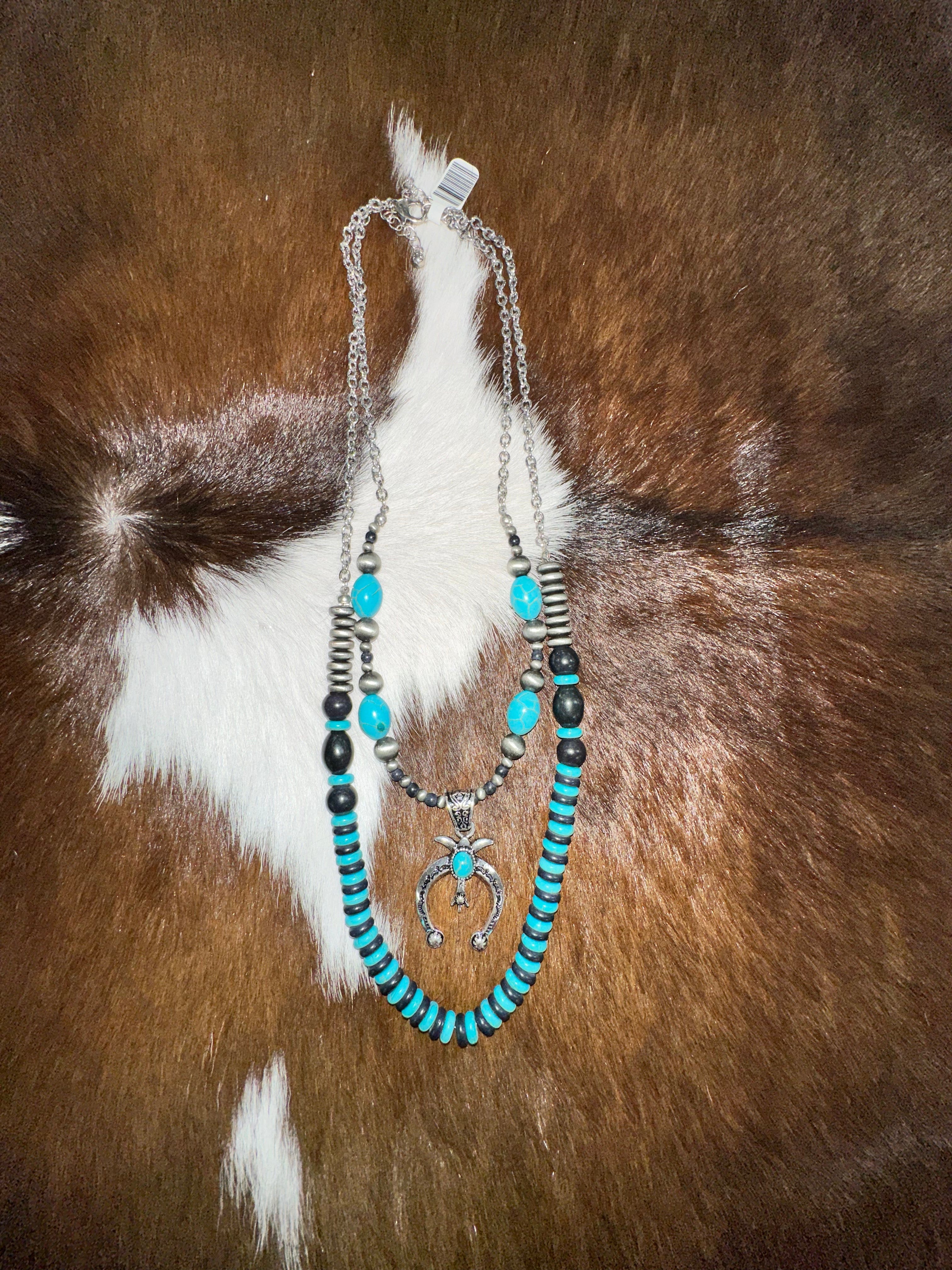 Double Layer Beaded Necklace with Genuine Turquoise Stones - Elegant Boho Jewelry for Women, Perfect for Weddings, Parties & Everyday Wear