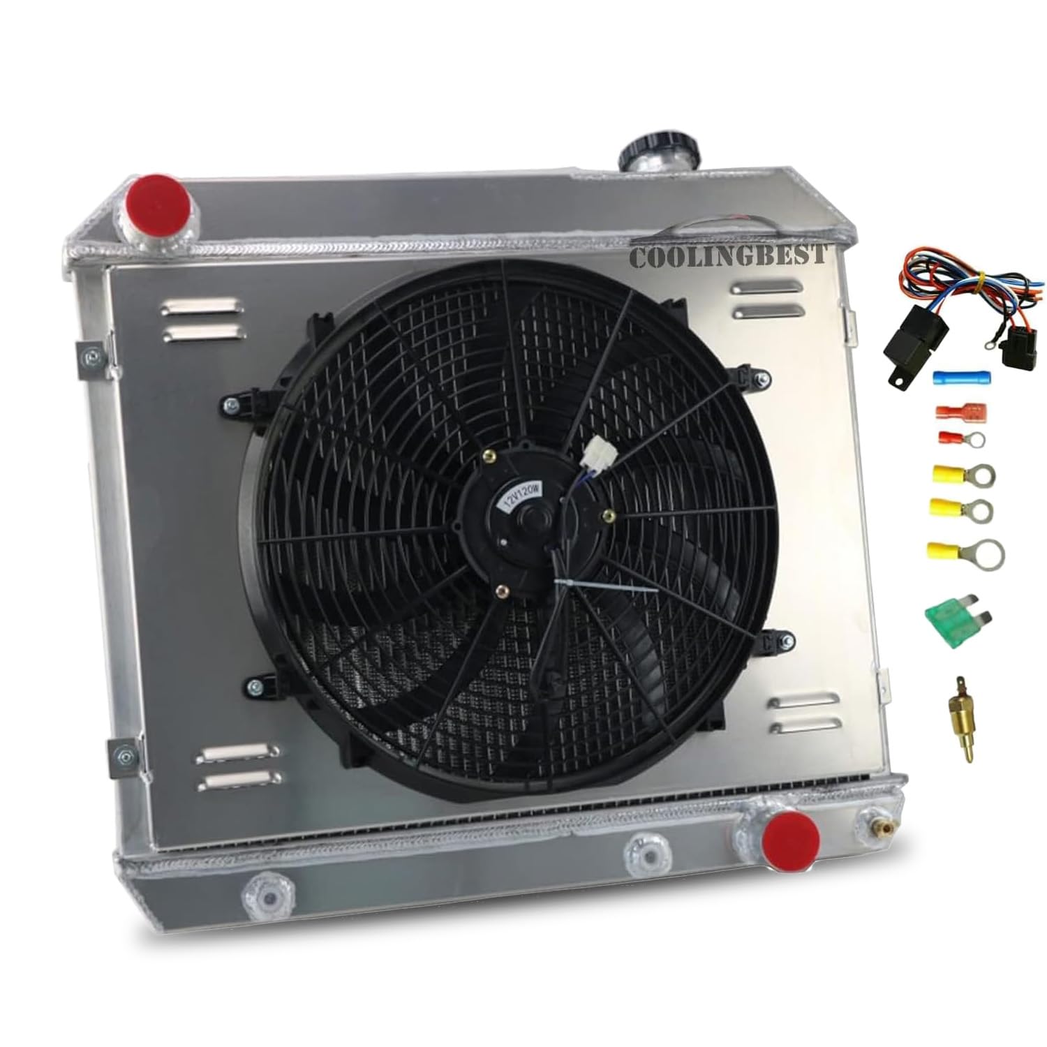 1961-1966 Chevy C10 C20 C30 K10 K20 & GMC 1000 1500 2500 Series Aluminum Radiator - 3 Row Cooling System with 16'' Fan Shroud & Relay Kit | Perfect for Classic Truck Restoration, Hot Rod Builds & Off-Road Performance Upgrades
