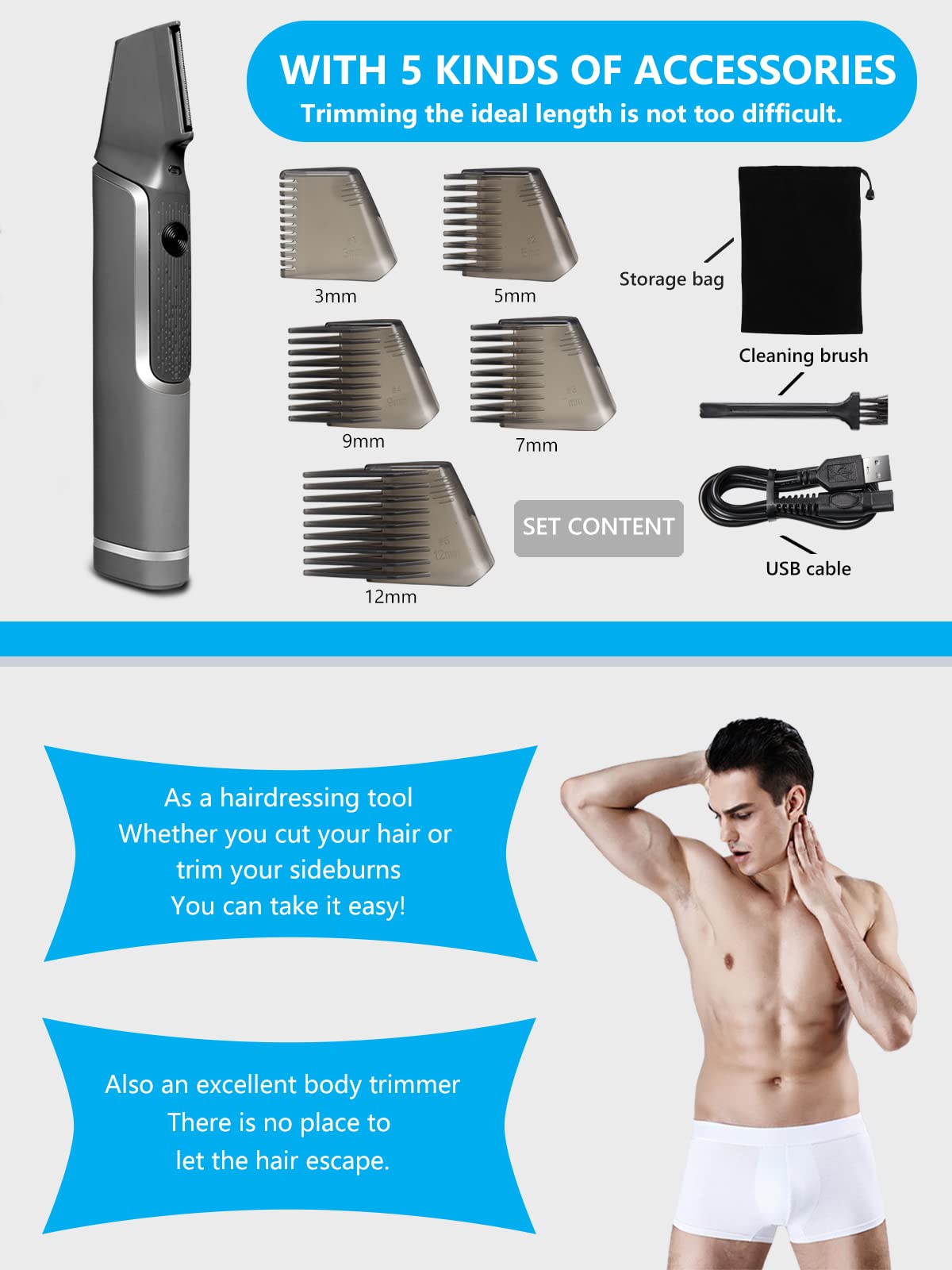 Men's Body Hair Trimmer - Electric Shaver for Neck, Back, Facial & Beard Grooming | Long Handle Hair Cutting Comb | Self Haircut Kit for Men | Perfect for Home Use, Travel & Personal Grooming