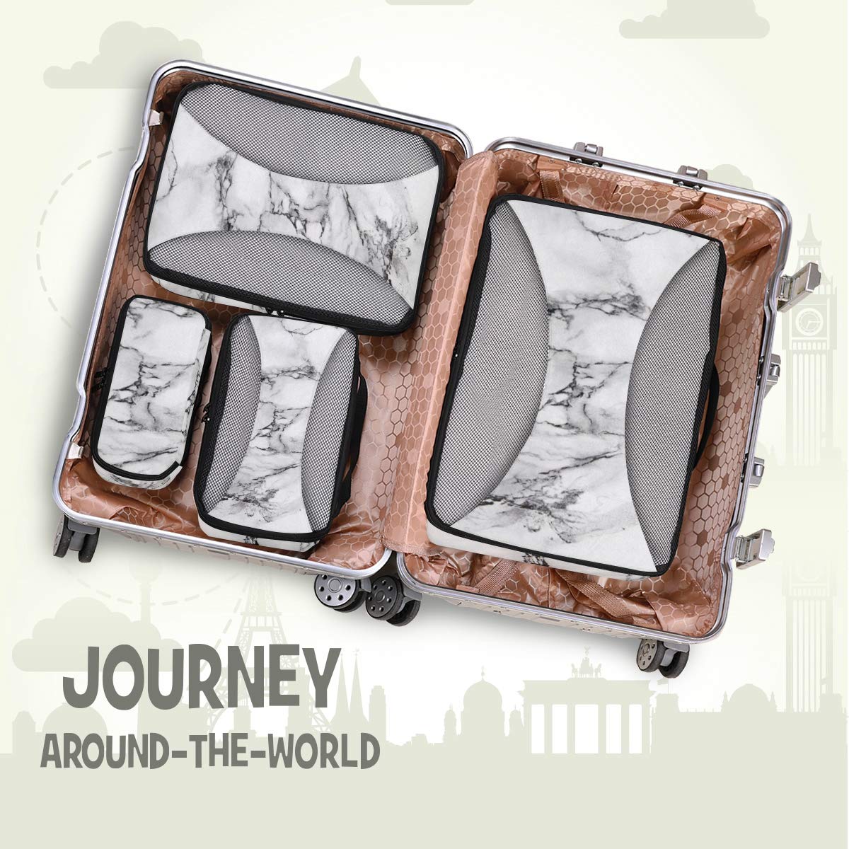 4-Piece Packing Cubes Set - Travel Luggage Organizers for Men & Women | White Marble Design | Perfect for Carry-On Bags, Suitcases & Backpacking Trips