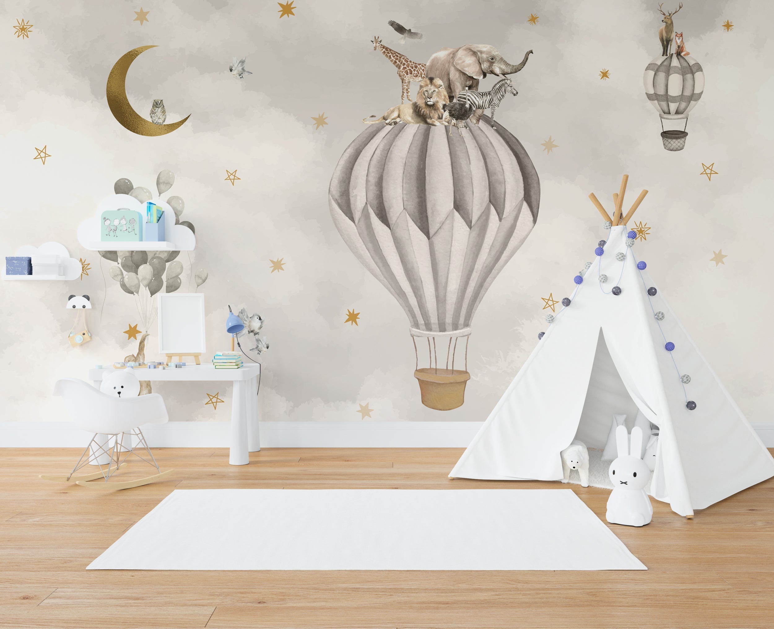 Air Balloon Safari Nursery Wallpaper Mural - Flying Safari Animals Wall Decal for Kids Room Decor | Perfect for Baby Bedroom, Playroom & Nursery Theme