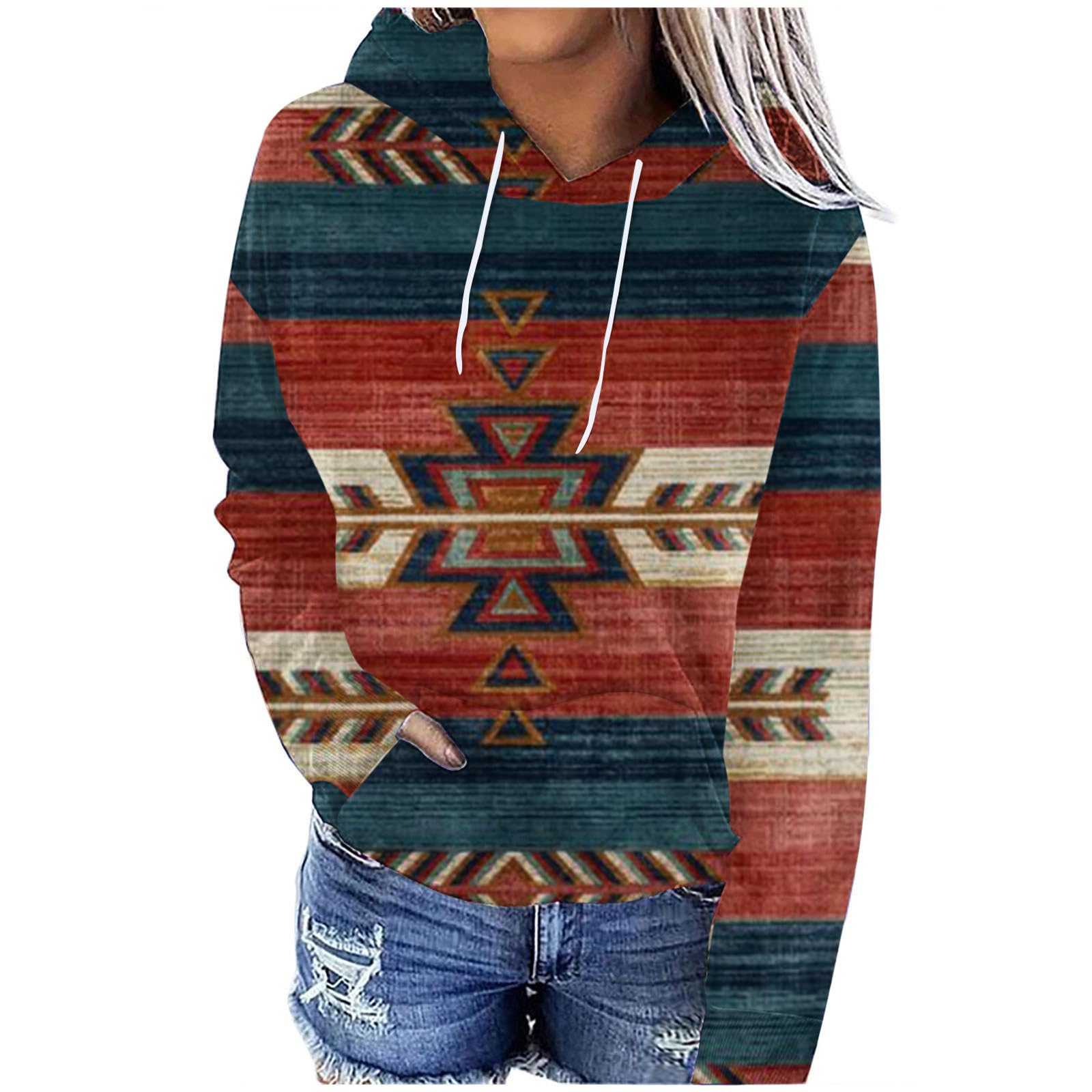 Ceboyel Women's Aztec Print Hooded Sweatshirt - Vintage Ethnic Graphic Pullover for Casual Fall Wear, Perfect for Outdoor Adventures and Cozy Evenings