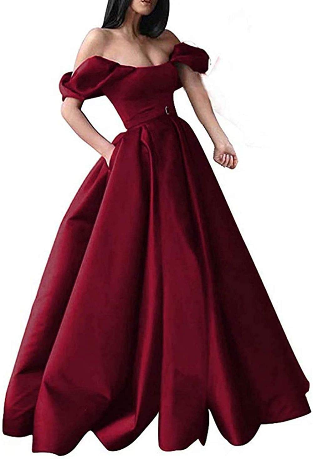 Elegant Off The Shoulder Satin Prom Dresses for Women - Long Ball Gown with Pockets | Perfect for Homecoming, Formal Events & Evening Parties