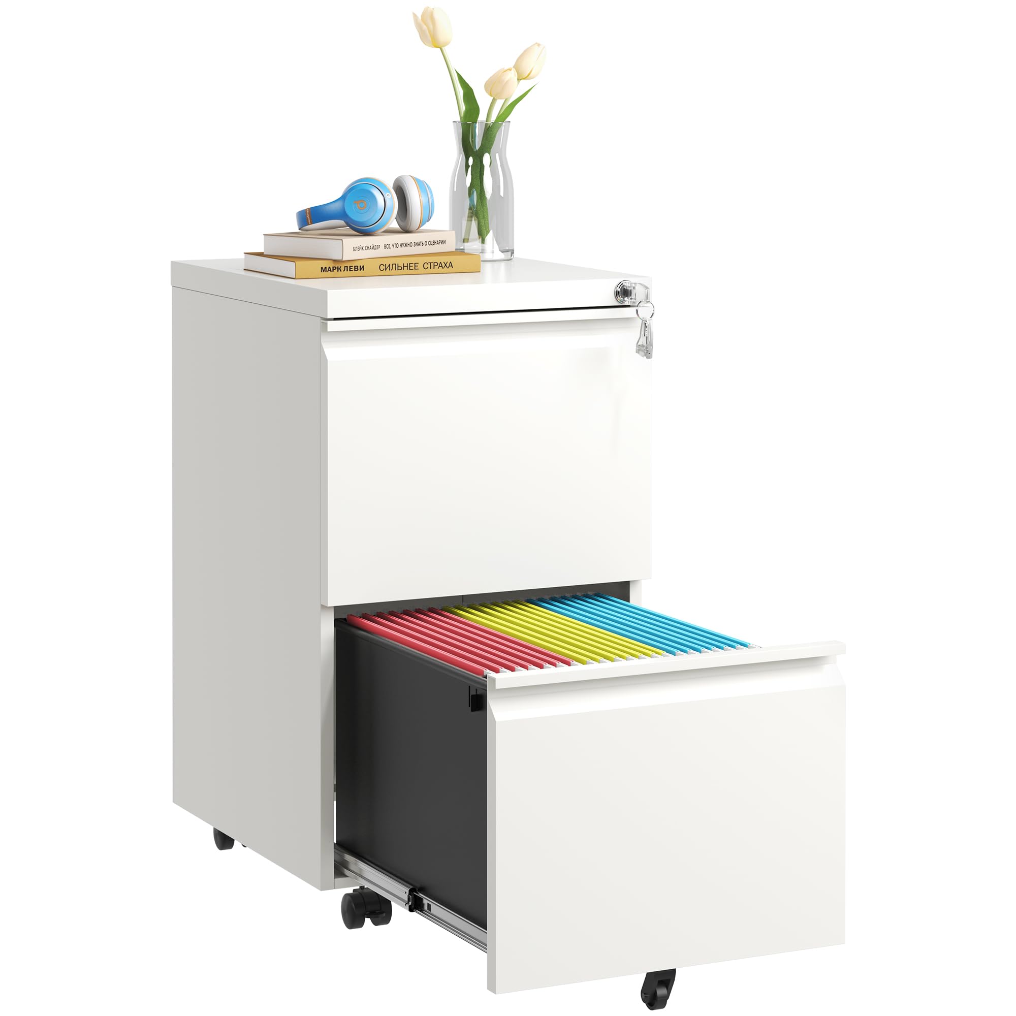 2-Drawer Mobile File Cabinet with Lock - Rolling Metal Office Storage Organizer for Home & Office - Fits Legal/Letter/A4 Documents - Fully Assembled - White - Perfect for Under Desk Storage & Document Organization