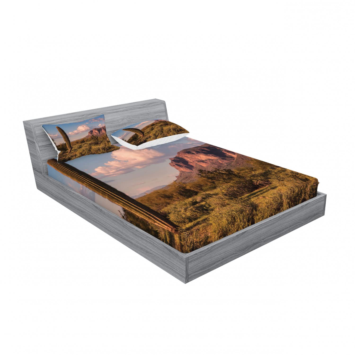 Ambesonne 2-Pack Queen Size Fitted Sheets & 4 Pillow Shams Set - Mountain Landscape Bedding Decor in Brown Blue Green | State Park Themed Bedroom Accessories for Cozy Cabin Retreats & Nature-Inspired Home Decor