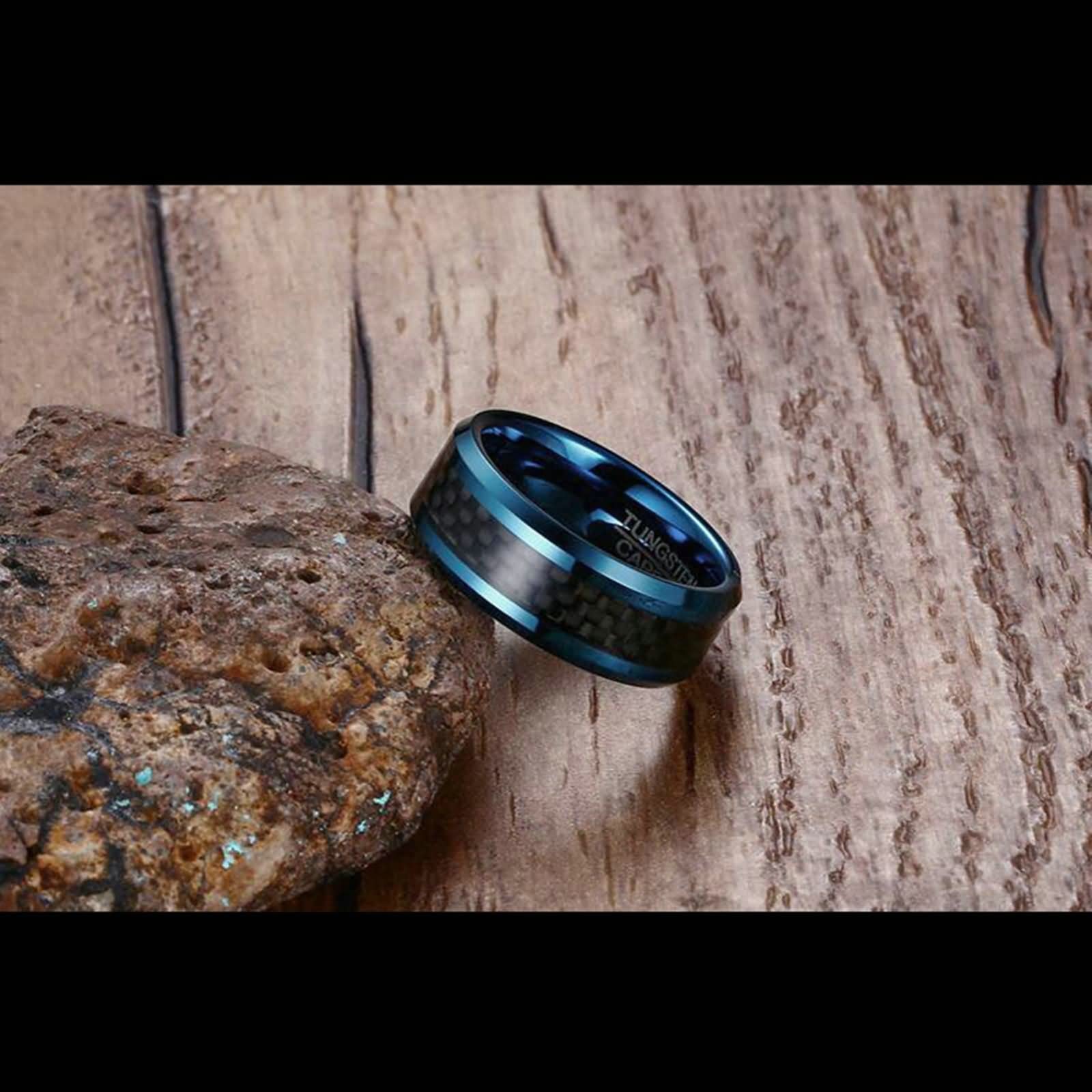 His and Her Tungsten Wedding Bands with Carbon Fiber Inlay - Blue & Black Engraved Couple Rings - Perfect for Anniversaries, Proposals & Romantic Gifts