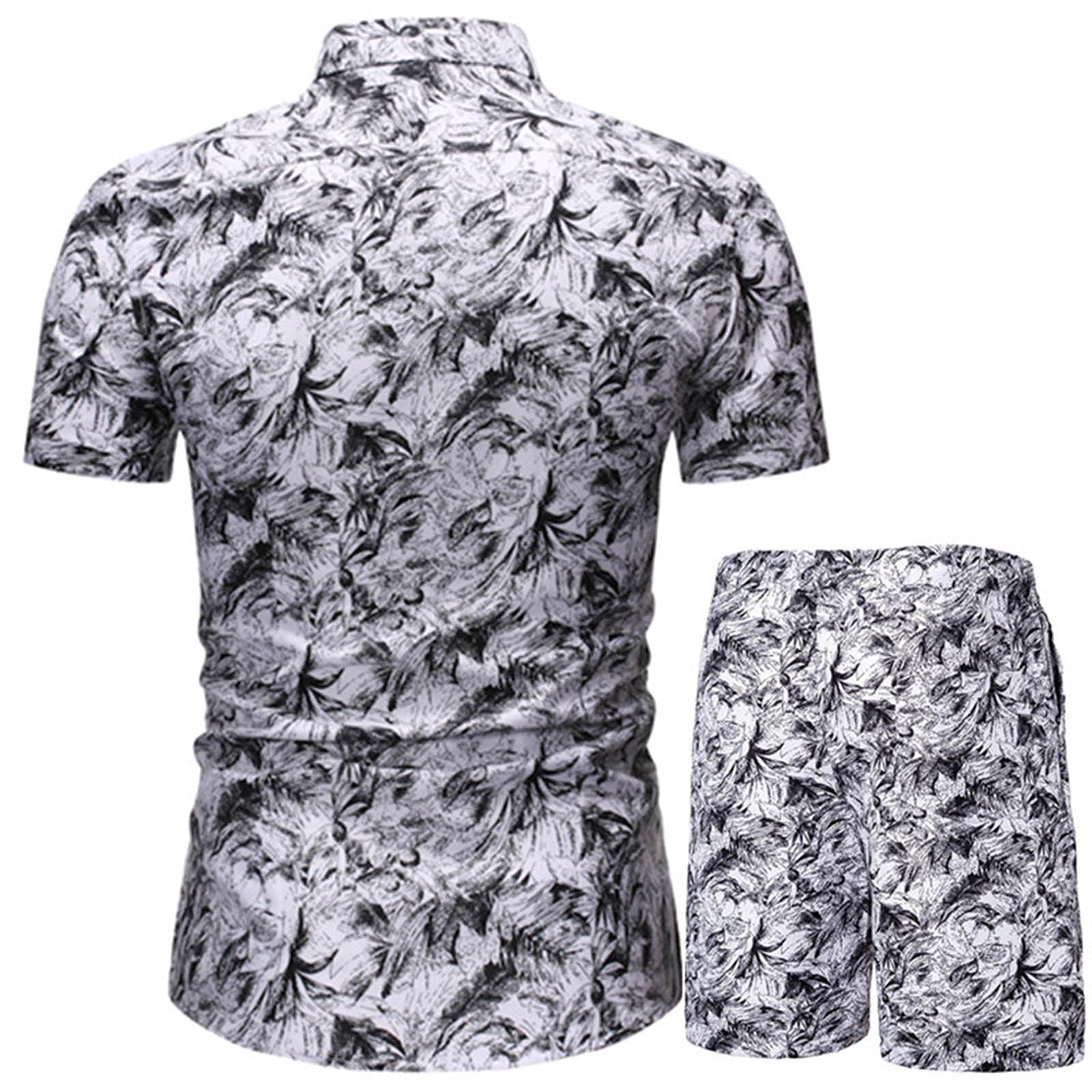 GBSELL Men's Linen 2-Piece Set - Short Sleeve Button-Up Shirt & Tee, Beach Printed Top for Men, Summer Casual Outfit, Perfect for Vacation and Outdoor Activities