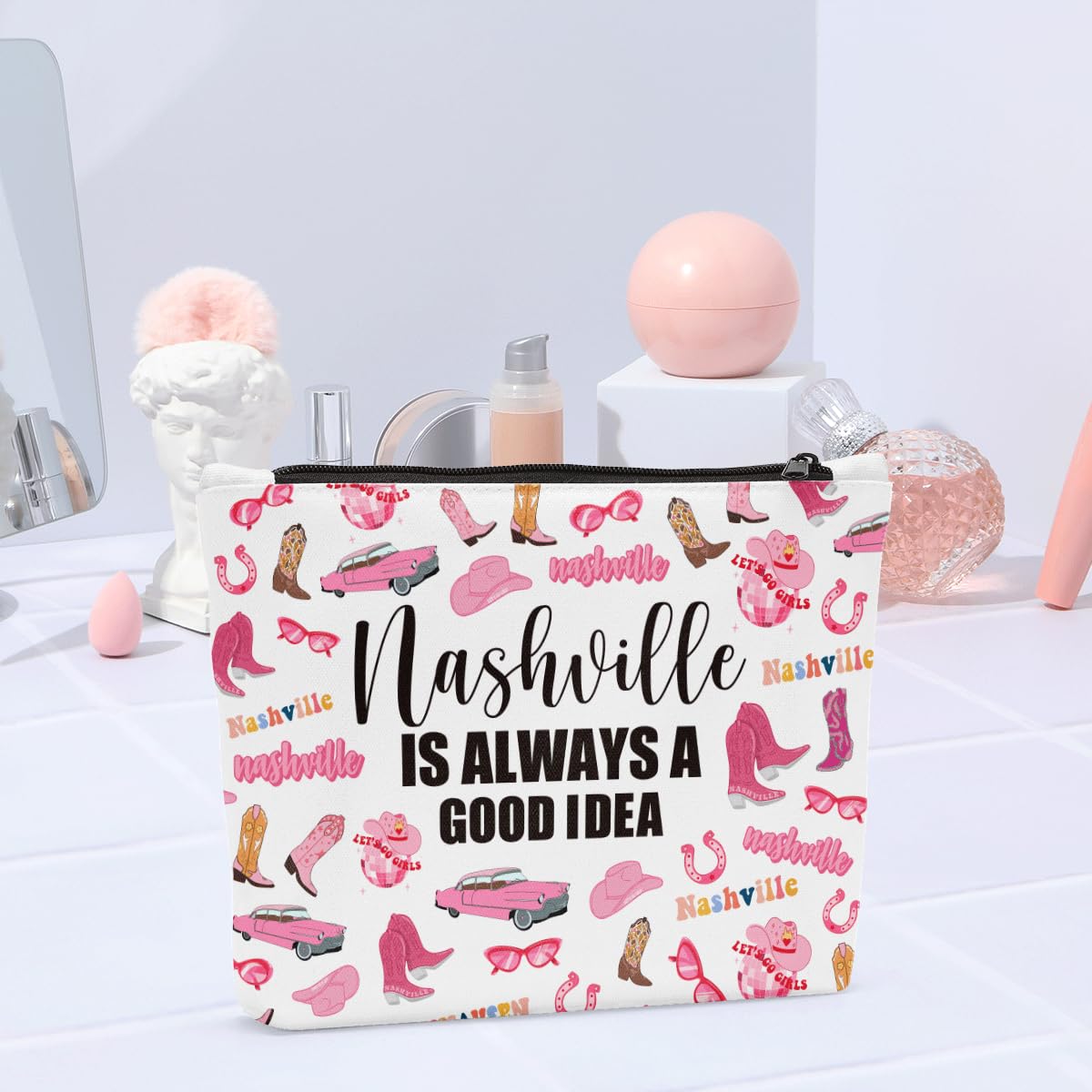 Funny Nashville Themed Travel Makeup Bag - Cute Cosmetic Organizer for Girls Trips, Vacation Essentials & Holiday Gifts for Women | Perfect for Travel Lovers, Bachelorette Parties & Road Trips