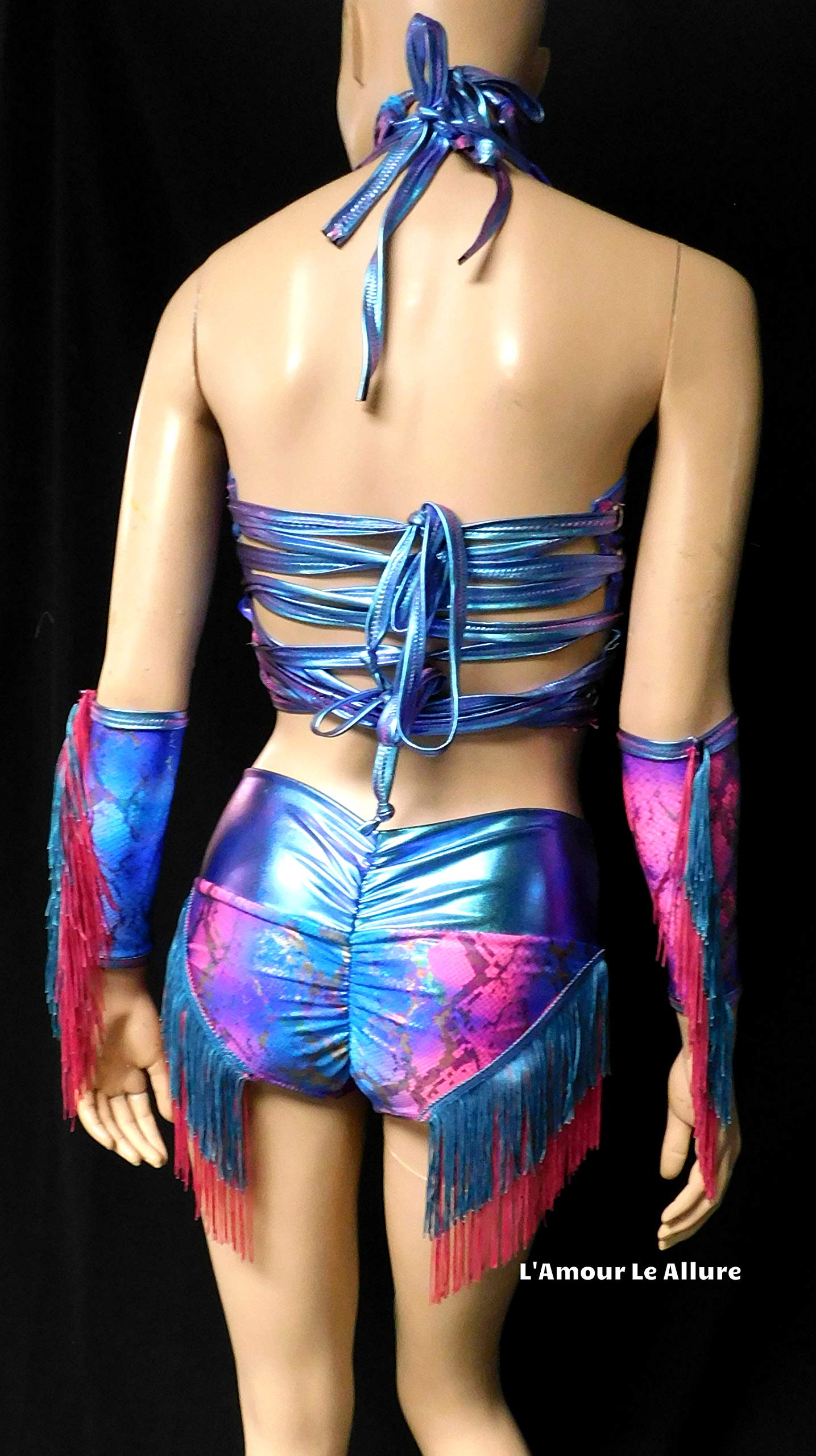 Blue & Pink Holographic Fringe Snake Print Cowgirl Outfit - Halter Top & High Waist Scrunchie Shorts Set for Music Festivals, Rodeo Parties & Western Fashion