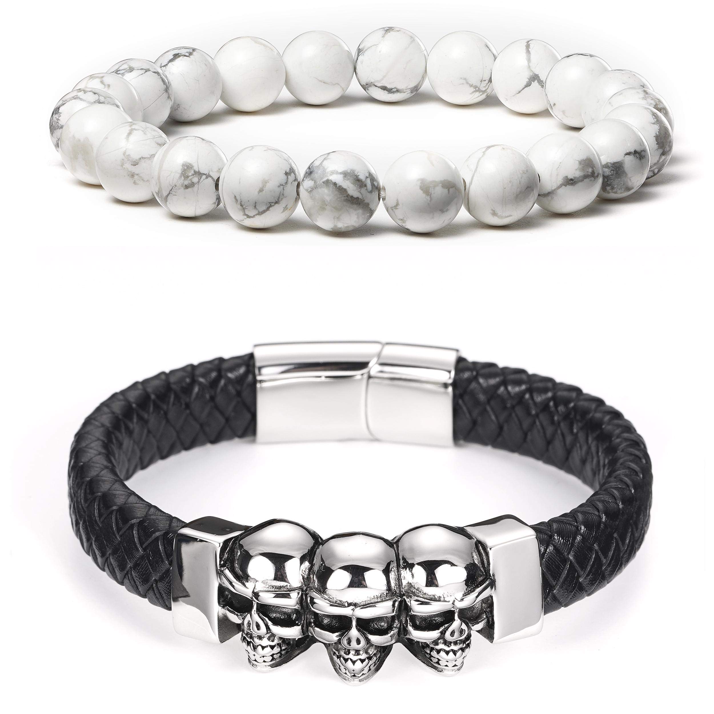 BINLUN 2-Pack Men's Black Braided Leather Bracelet Set with Magnetic Clasp & White Turquoise Healing Beads - Stylish Woven Leather Bracelets for Men, Perfect for Casual Wear, Gifts, and Spiritual Healing