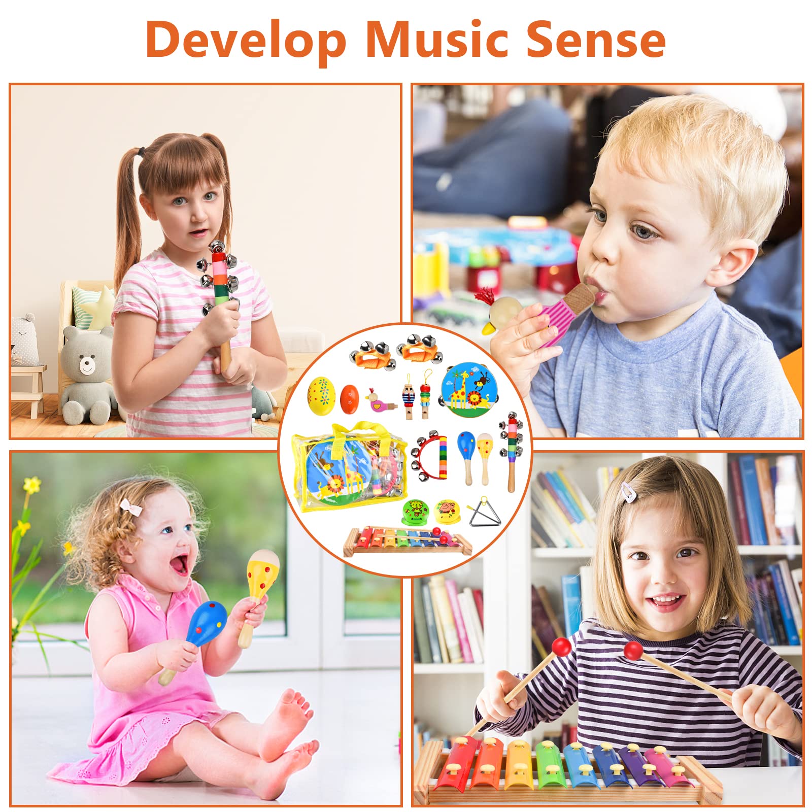 20-Piece Kids Musical Instruments Set - Wooden Shakers, Tambourine, Xylophone & Percussion Toys for Early Learning | Perfect Gift for Boys & Girls with Carrying Bag | Ideal for Preschool Music Class, Birthday Parties & Home Playtime