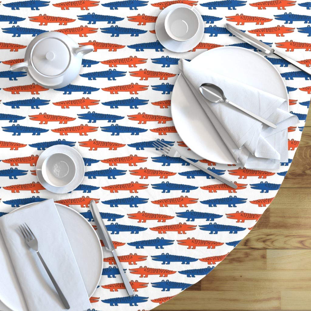 Custom Blue Orange Alligators Print Cotton Sateen Tablecloth 90