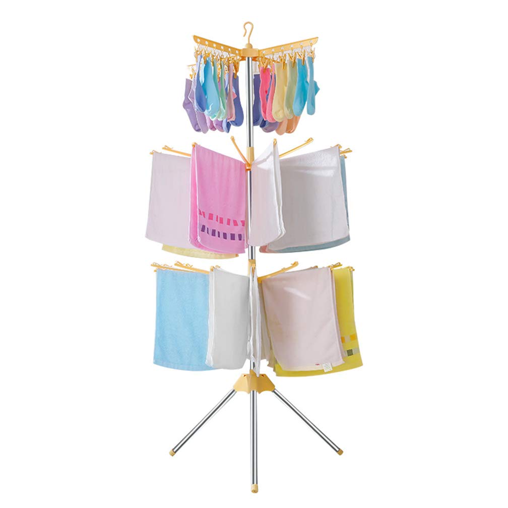 Foldable Clothes Drying Rack with 24 Clips & 32 Towel Bars - 3-Tier Space Saving Garment Hanger for Baby Clothes, Socks, Bibs, Underwear, Gloves, Scarves & Diapers - Perfect for Laundry Room, Nursery, Bathroom & Small Spaces - Yellow