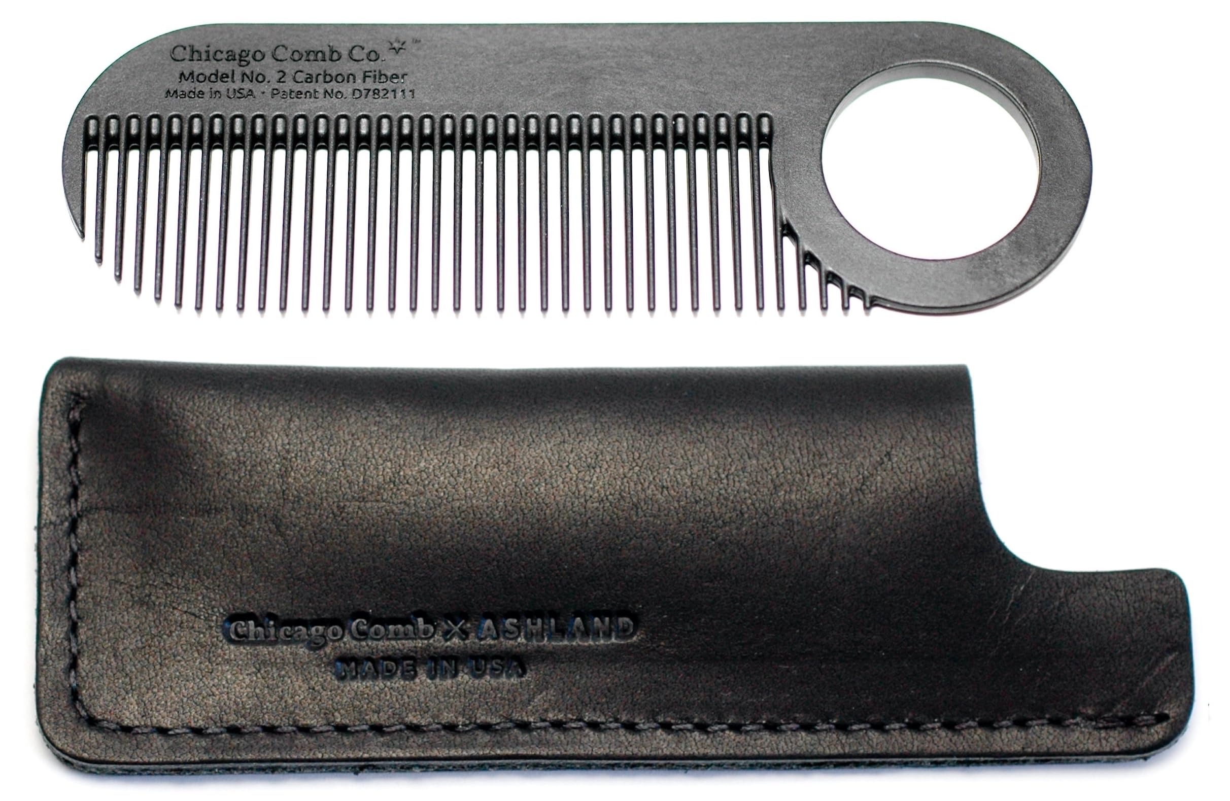 Premium Chicago Comb No. 2 - Carbon Fiber Comb with Black Horween Leather Sheath - Made in USA - Graphite Black & Dublin Black - Perfect for Travel, Grooming & Everyday Carry (EDC)