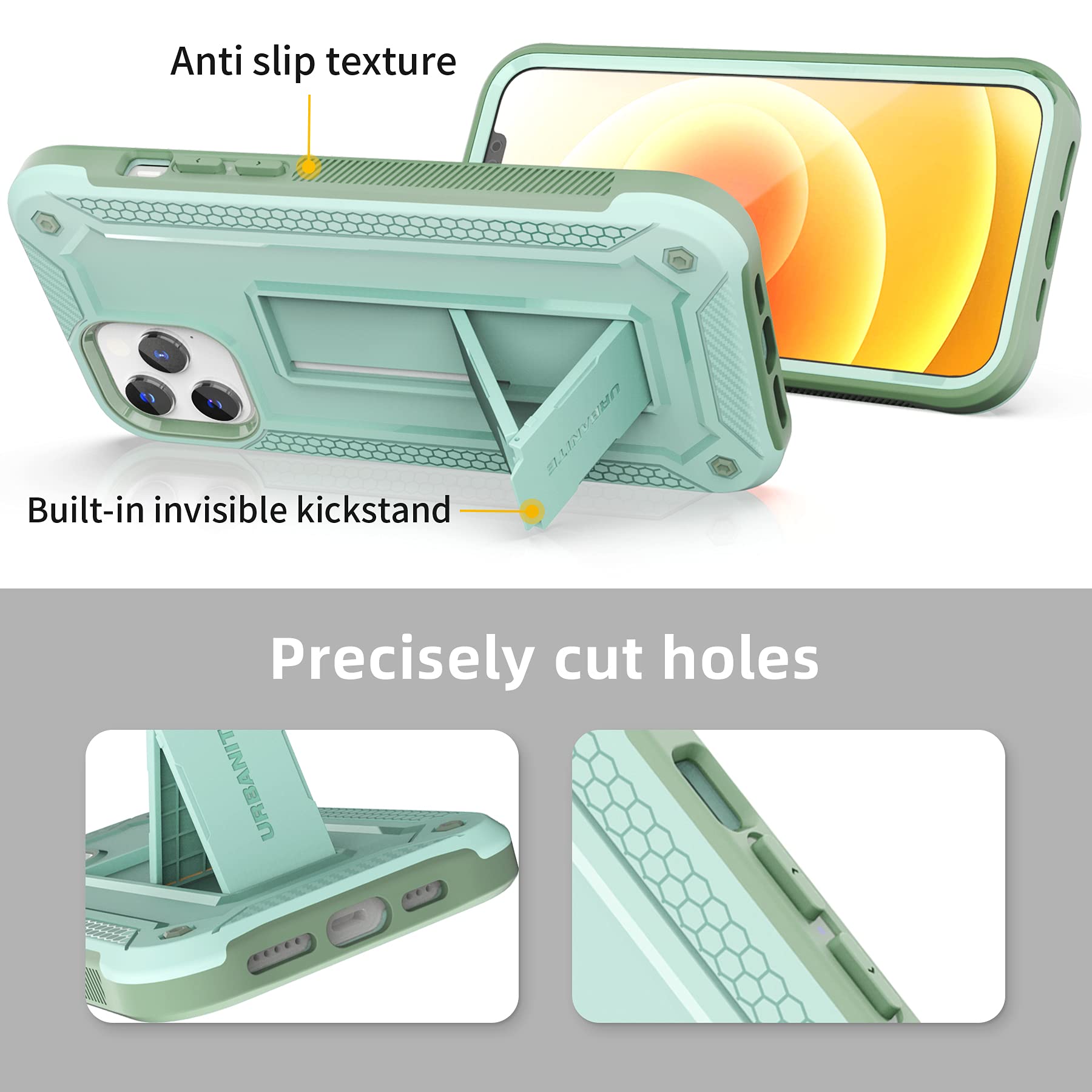 Premium URBANITE iPhone 12 Pro Max Case 6.7 Inch - Military Grade Shockproof Dual Layer Protection Cover with Built-in Kickstand & Screen Protector (Mint Green) - Perfect for Outdoor Activities, Travel & Daily Use