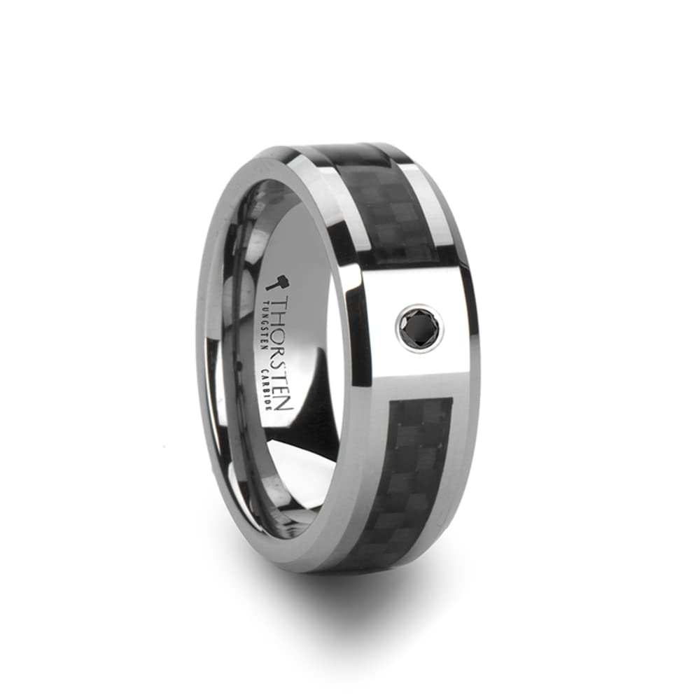 Men's Tungsten Carbide Black Carbon Fiber Wedding Ring with Diamond Inlay - Polished Beveled Comfort Fit 8mm Wide - Bentley Style - Perfect for Anniversary, Engagement & Everyday Wear