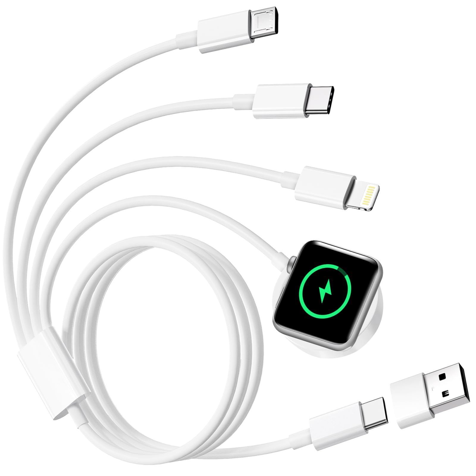4-in-1 Multi Charging Cable for Apple Watch - Fast Wireless Charger with USB-C/Lightning/Micro USB - Compatible with Apple Watch Ultra/SE/9/8/7/6 & iPhone 15/14 - Perfect for Travel, Office, and Home Charging