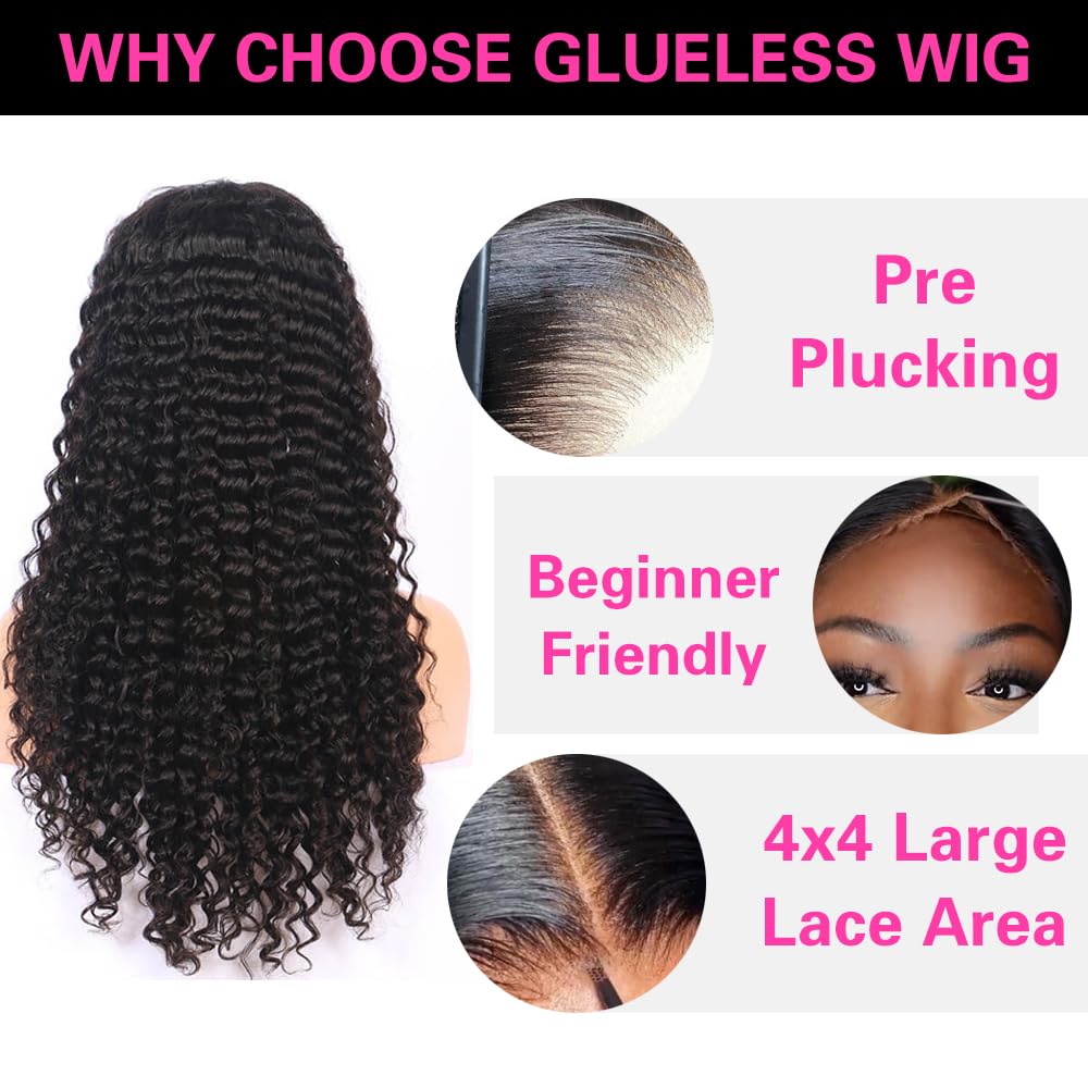 Wear and Go Glueless Human Hair Wigs - Pre Plucked, Pre Cut HD Lace Front Wig with Baby Hair | 200% Density Deep Wave Curly Wigs for Black Women | Natural Color | Perfect for Daily Wear, Parties & Special Occasions