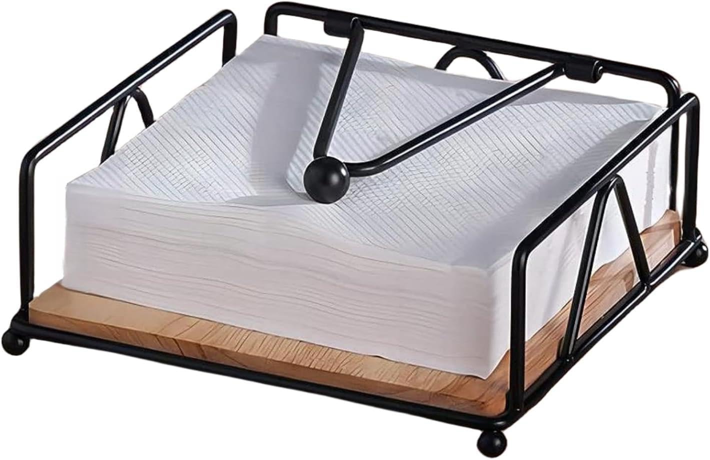 Square Metal Napkin Holder with Weighted Arm & Wooden Base - Farmhouse Kitchen Countertop Organizer for Dining Table, Restaurant & Home Decor (Black)