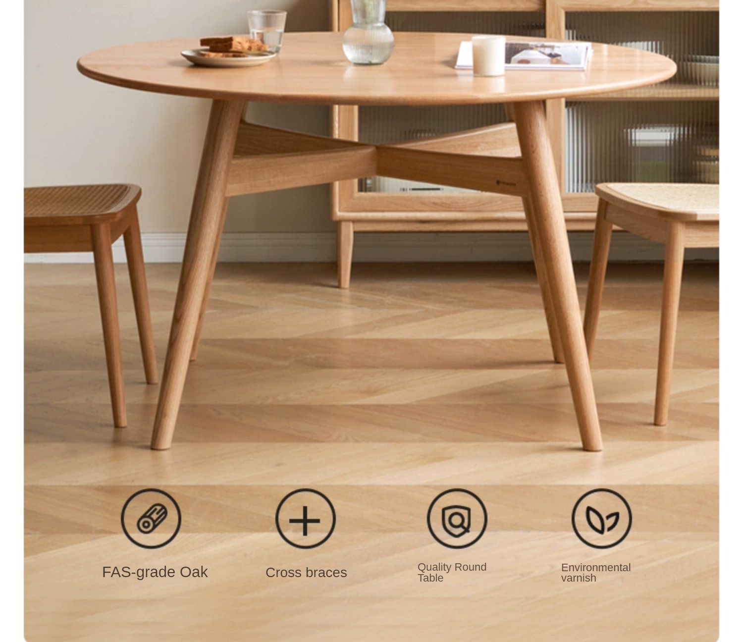 Solid Oak Wood Round Dining Table - Natural Finish, Durable & Stylish for Kitchen, Dining Room, or Outdoor Patio Use