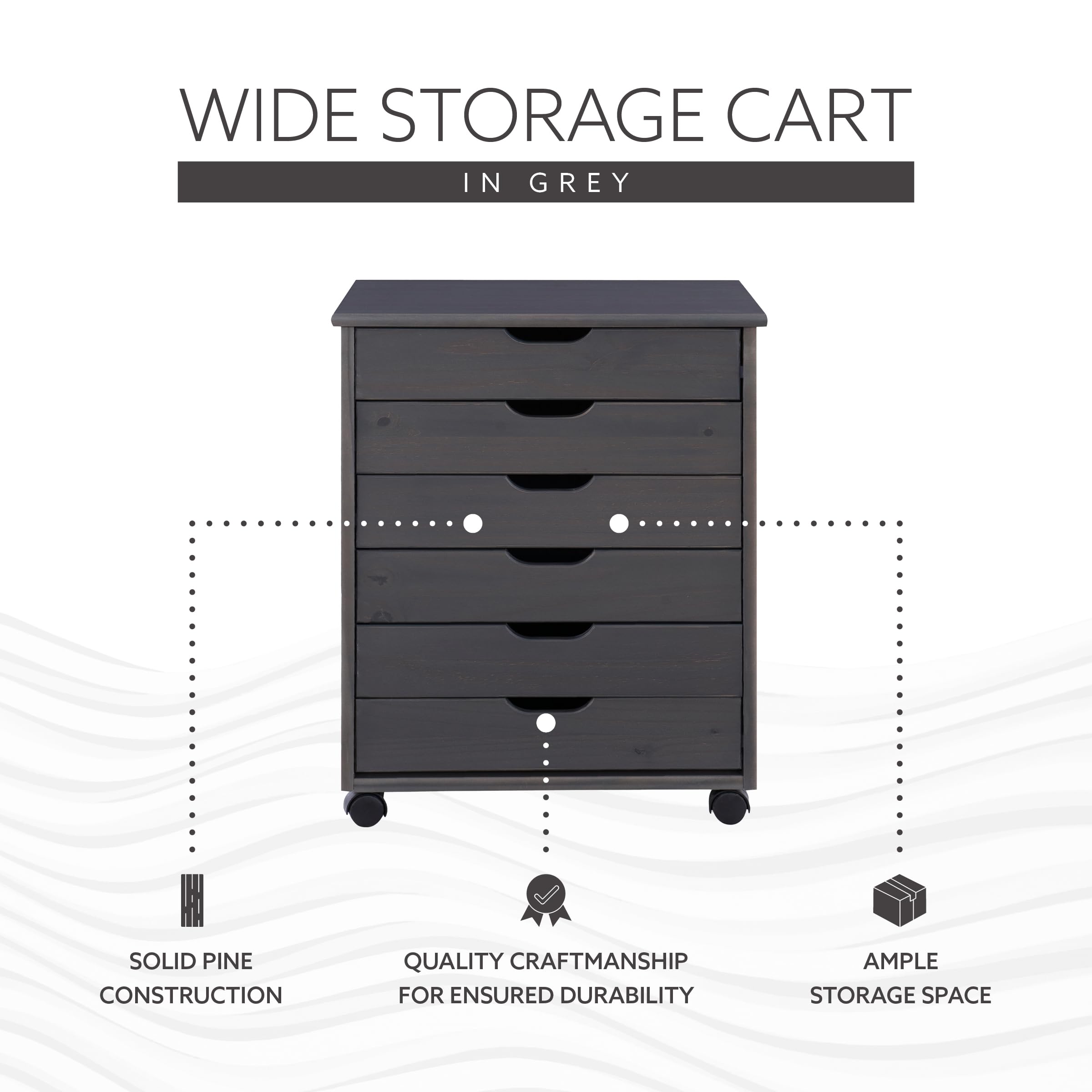 Linon Corinne 6-Drawer Wide Rolling Storage Cart with Wheels, Grey - Perfect for Bedroom, Bathroom, Office & Kitchen Organization