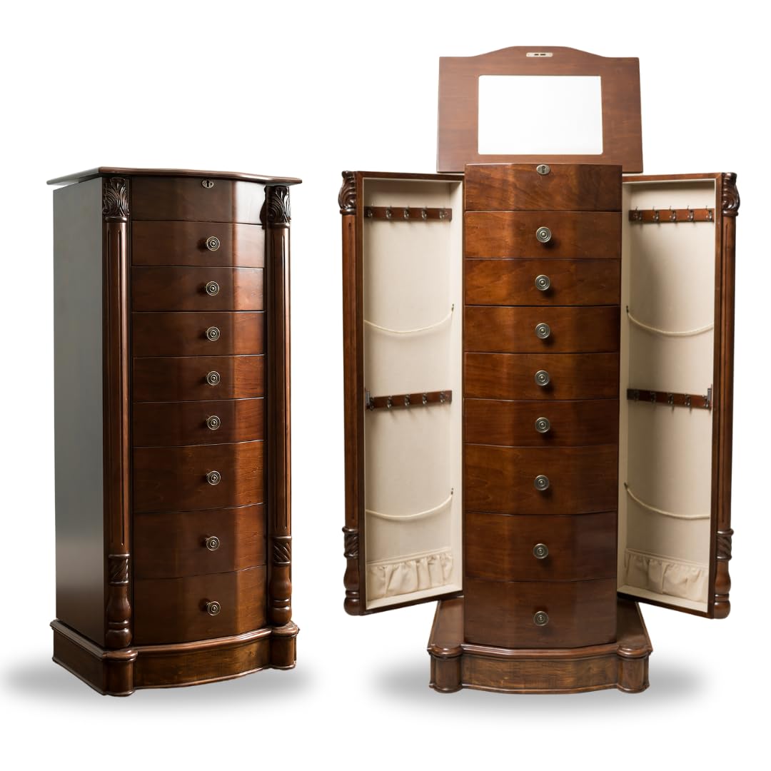 Florence Jewelry Armoire - Honey & Walnut Jewelry Storage Organizer with Mirror for Necklaces, Rings & Bracelets - Perfect for Bedroom, Closet & Travel