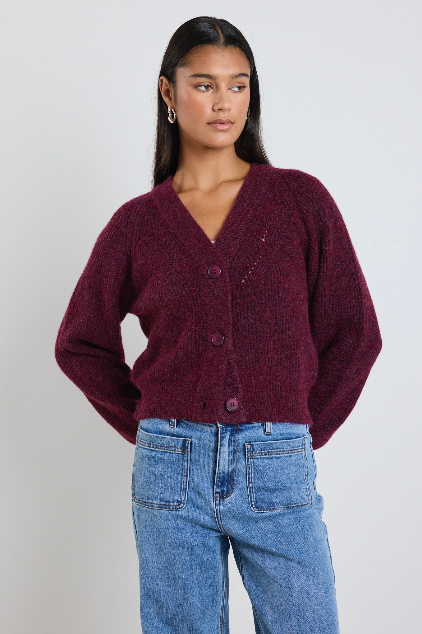 Burgundy Plum Knit Cardigan for Women - Soft & Cozy Open Front Sweater - Perfect for Fall & Winter Layering, Office Wear & Casual Outfits