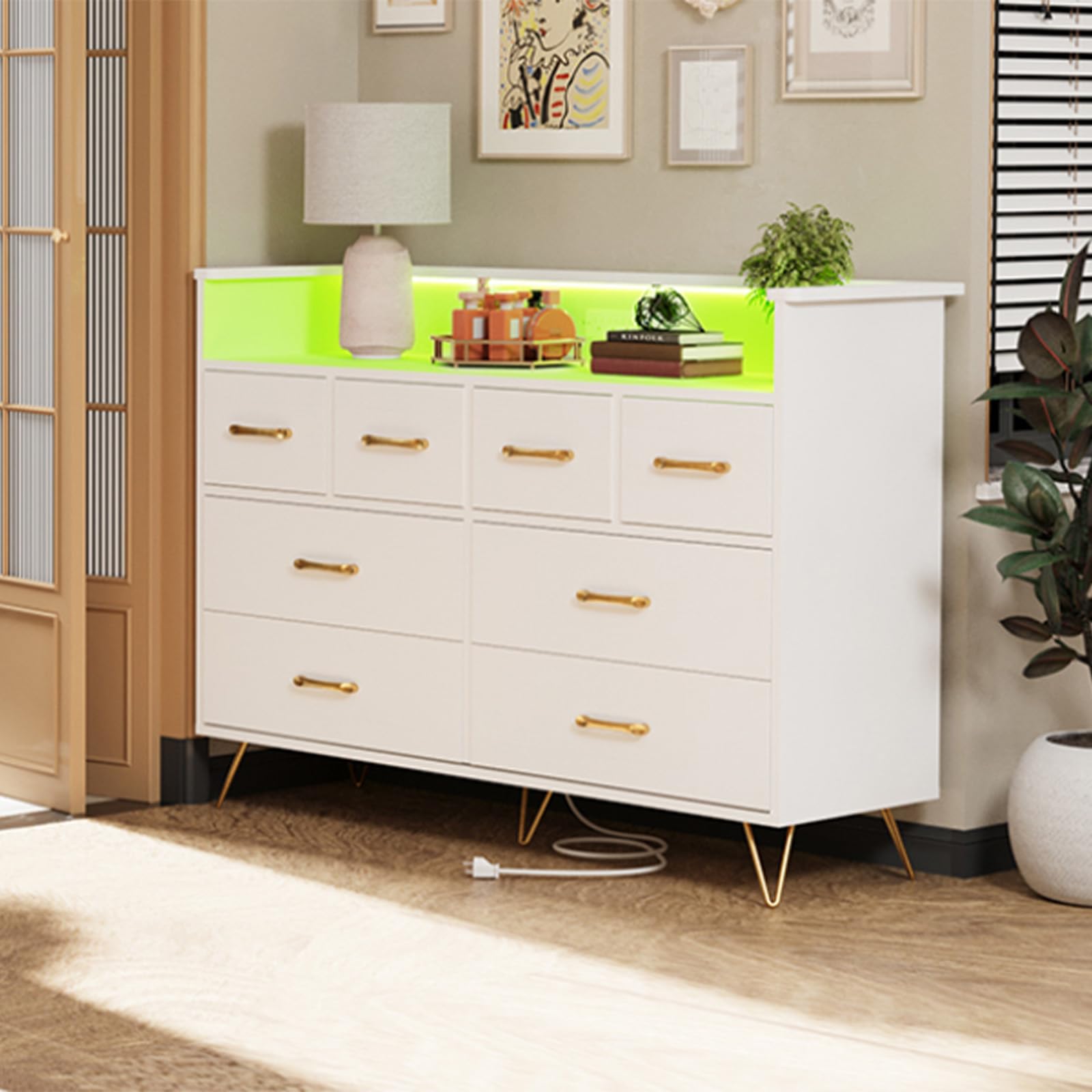 Modern White Wooden Dresser with LED Lights & USB Charging Station - 8-Drawer Storage Organizer for Bedroom, Living Room, Entryway & Hallway - Spacious Open Design for Clothes, Shoes & Home Decor Organization