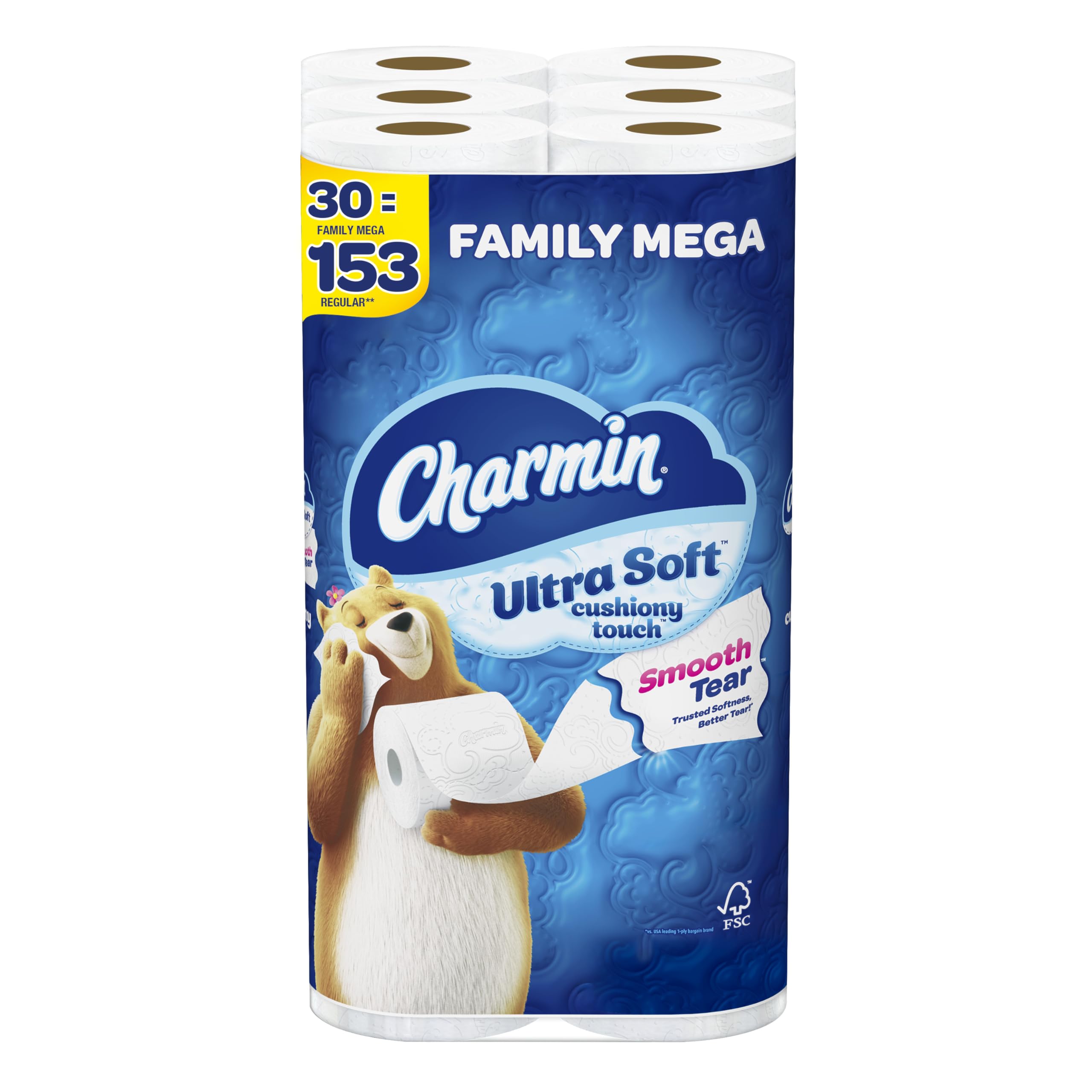 Charmin Ultra Soft Cushiony Touch Toilet Paper - 30 Family Mega Rolls (Equivalent to 153 Regular Rolls) | Premium Bathroom Tissue for Home & Office Use | Gentle & Strong for Everyday Comfort