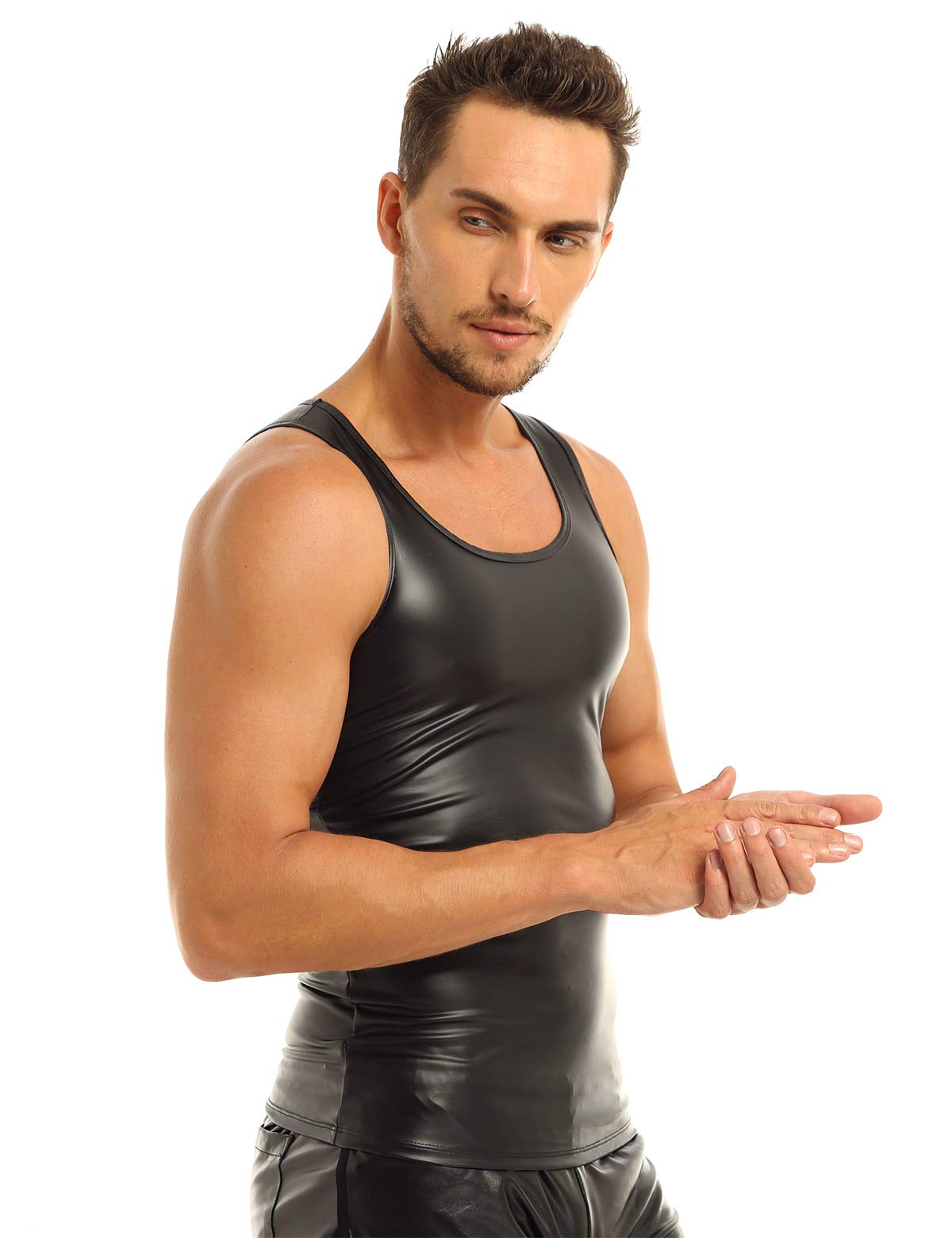 iiniim Men's Faux Leather Vest Undershirt - Sleeveless Muscle Tank Top for Gym, Fitness & Casual Wear | Breathable Workout Shirt for Bodybuilding & Street Style