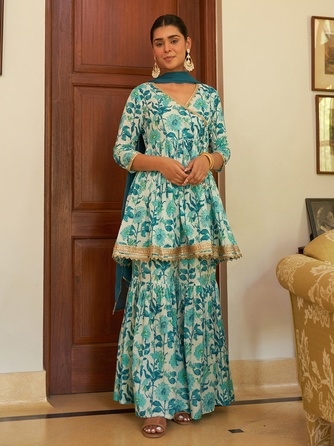 Blue & White Cotton Floral Printed Short Kurta Set with Sharara and Dupatta (D1513) - Elegant Indian Ethnic Outfit for Festivals, Weddings & Special Occasions