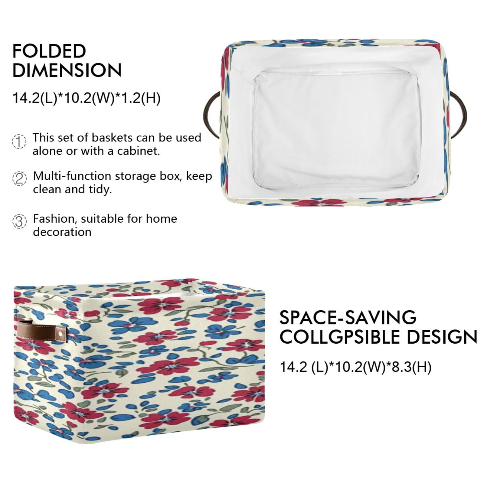 Large Storage Baskets with Handles - Foldable Home Organization Bins for Closet, Shelves & Bedroom (2-Pack, Creamy Red & Blue Floral Pattern) - Perfect for Toys, Laundry & Home Decor Storage