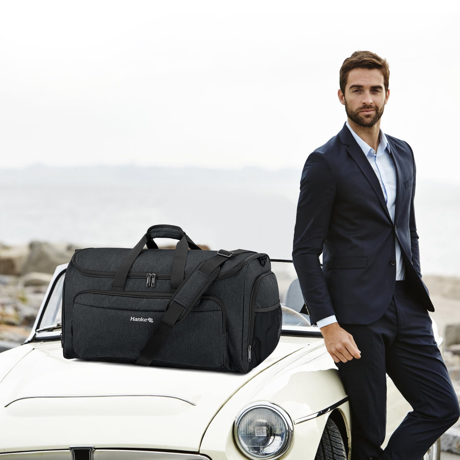 Hanke Convertible 2-in-1 Carry On Garment Bag & Duffle Bag for Travel - Hanging Suitcase with Shoe Compartment - Weekender Luggage for Men & Women (Black) | Perfect for Business Trips, Weekend Getaways & Airplane Travel