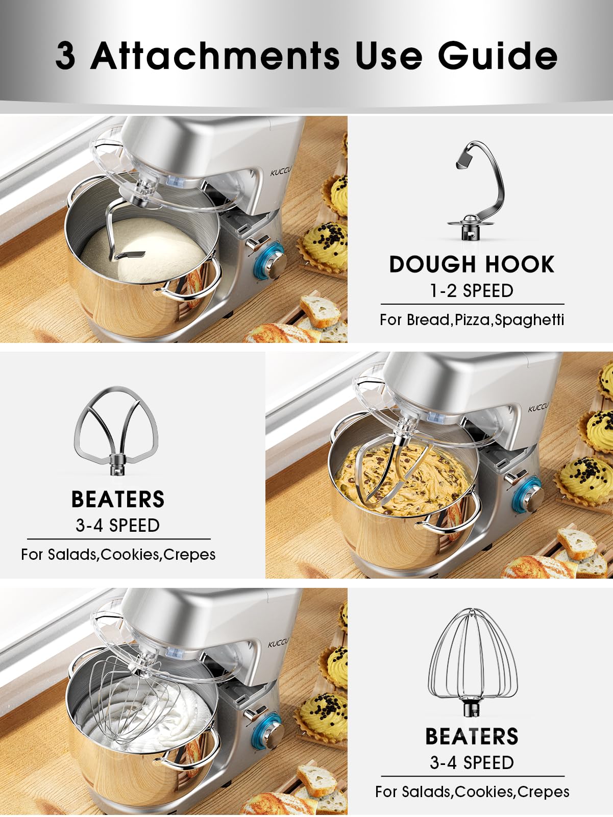 9.5 QT Double Handle KUCCU Stand Mixer - 6 Speed with Pulse, 660W Tilt-Head Electric Kitchen Mixer with Dishwasher-Safe Dough Hook, Flat Beater, Whisk & Splash Guard - Perfect for Home Baking, Cake Mixing & Cookie Dough (Silver)