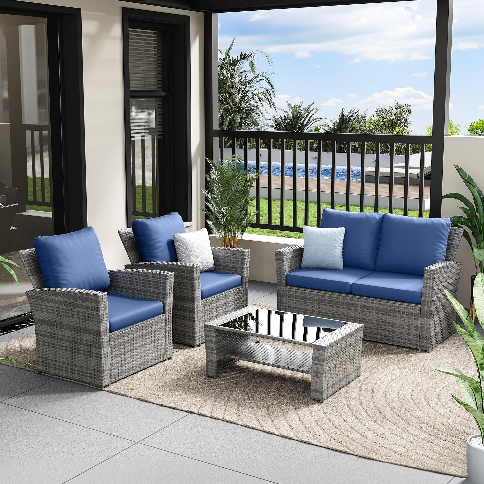 **Amopatio 4-Piece Outdoor Furniture Set - Navy Blue Wicker Sectional Sofa, Rattan Patio Conversation Set for Backyard, Porch, Balcony & Garden Relaxation**
