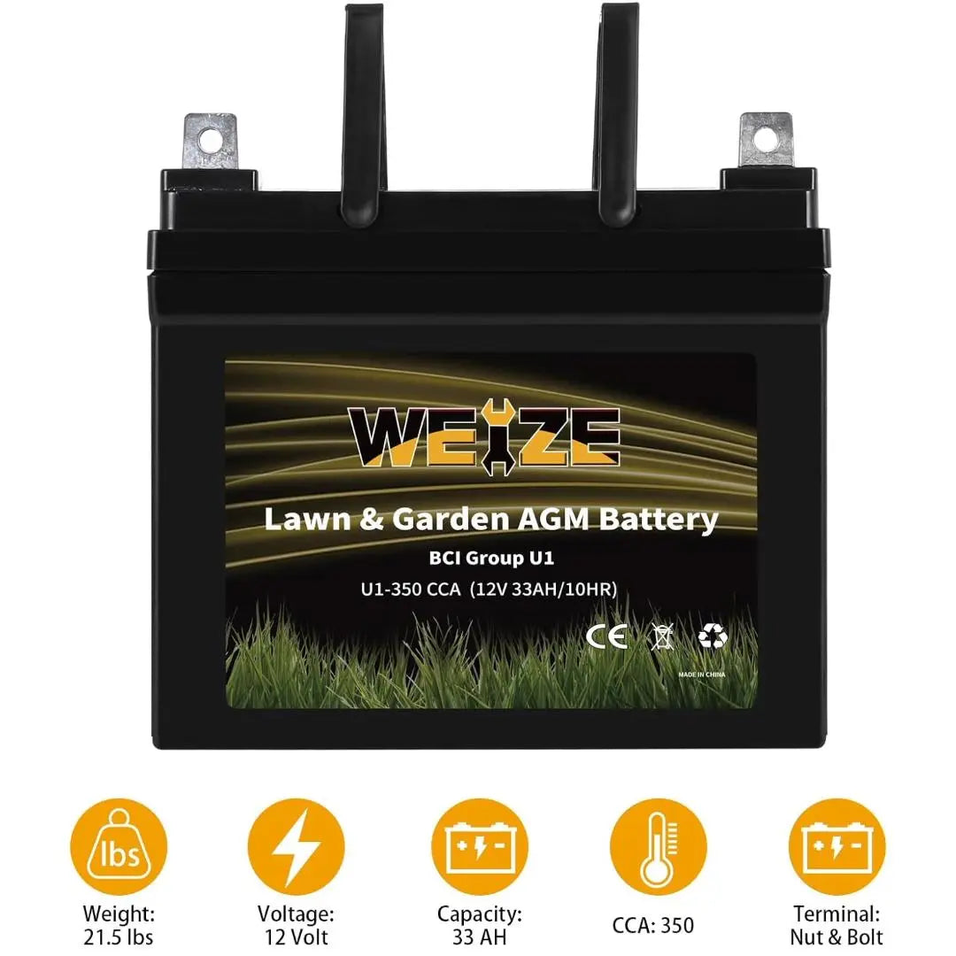 WEIZE AGM 12V 350CCA BCI Group U1 SLA Starting Battery - Compatible with John Deere, Toro, Cub Cadet & Craftsman Lawn Tractors & Mowers | Reliable Power for Yard Maintenance & Landscaping Equipment