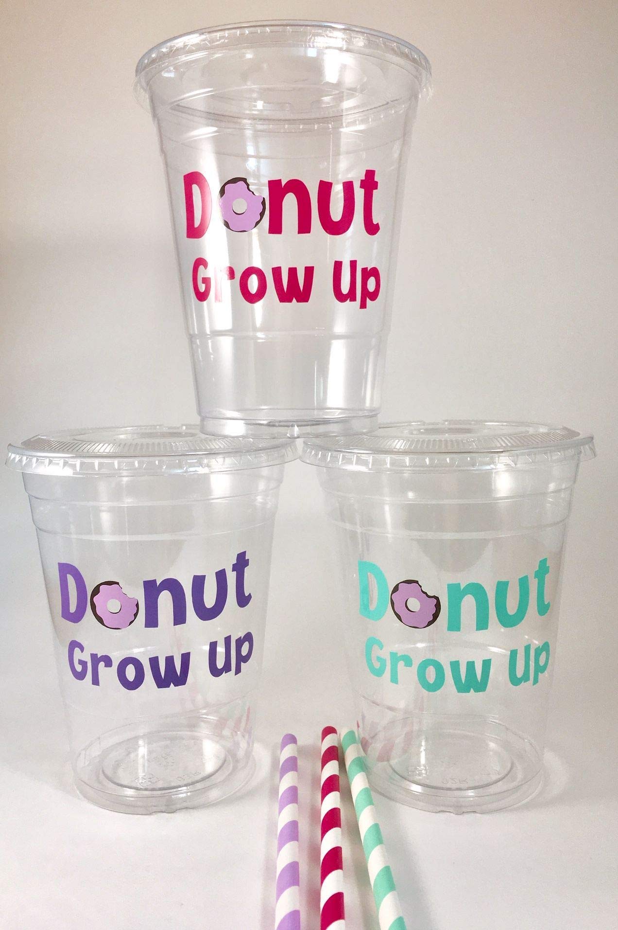 Donut Grow Up Party Cups Set - 12 Disposable Cups with Lids & Straws for Kids Birthday, Baby Shower, and Themed Celebrations