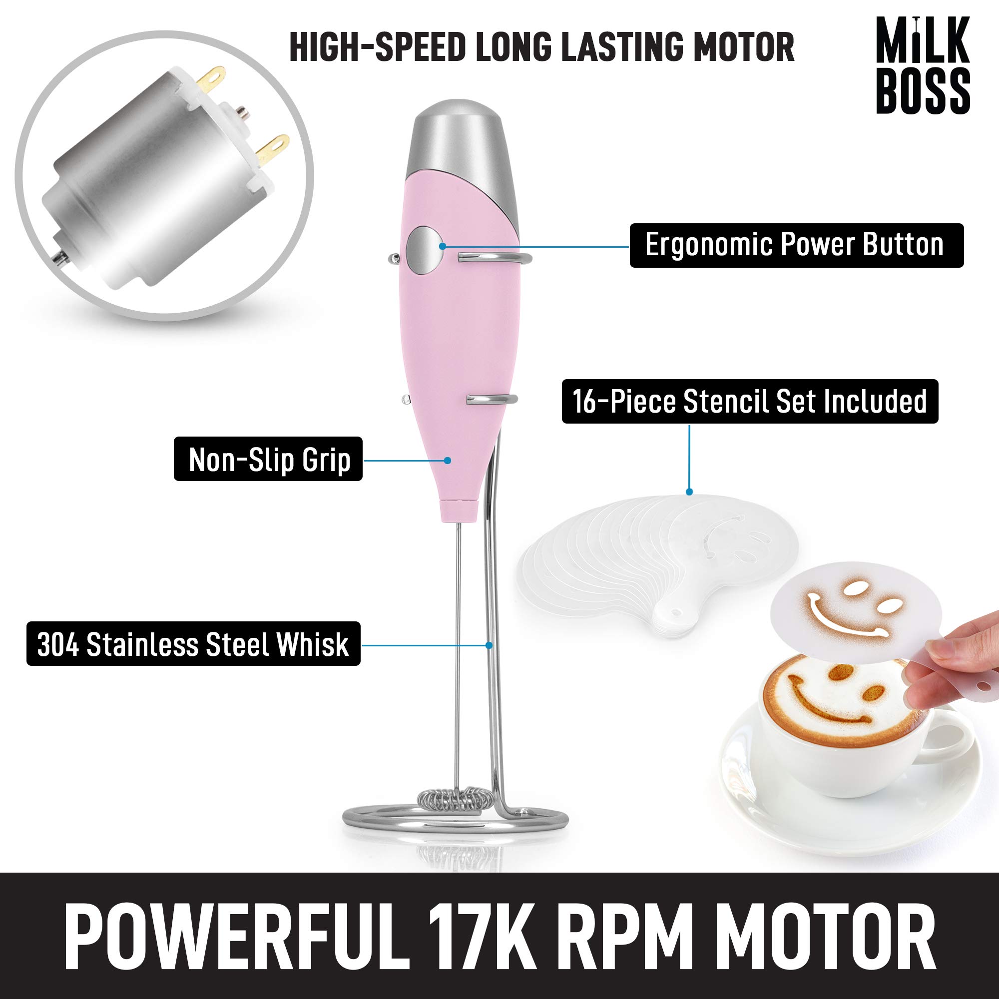 Milk Boss Mighty Milk Frother - Electric Handheld Whisk Mixer for Coffee, Lattes & Matcha | Portable Foam Maker with 16-Piece Stencils | Perfect for Home, Office & Cafe Use (Pink)