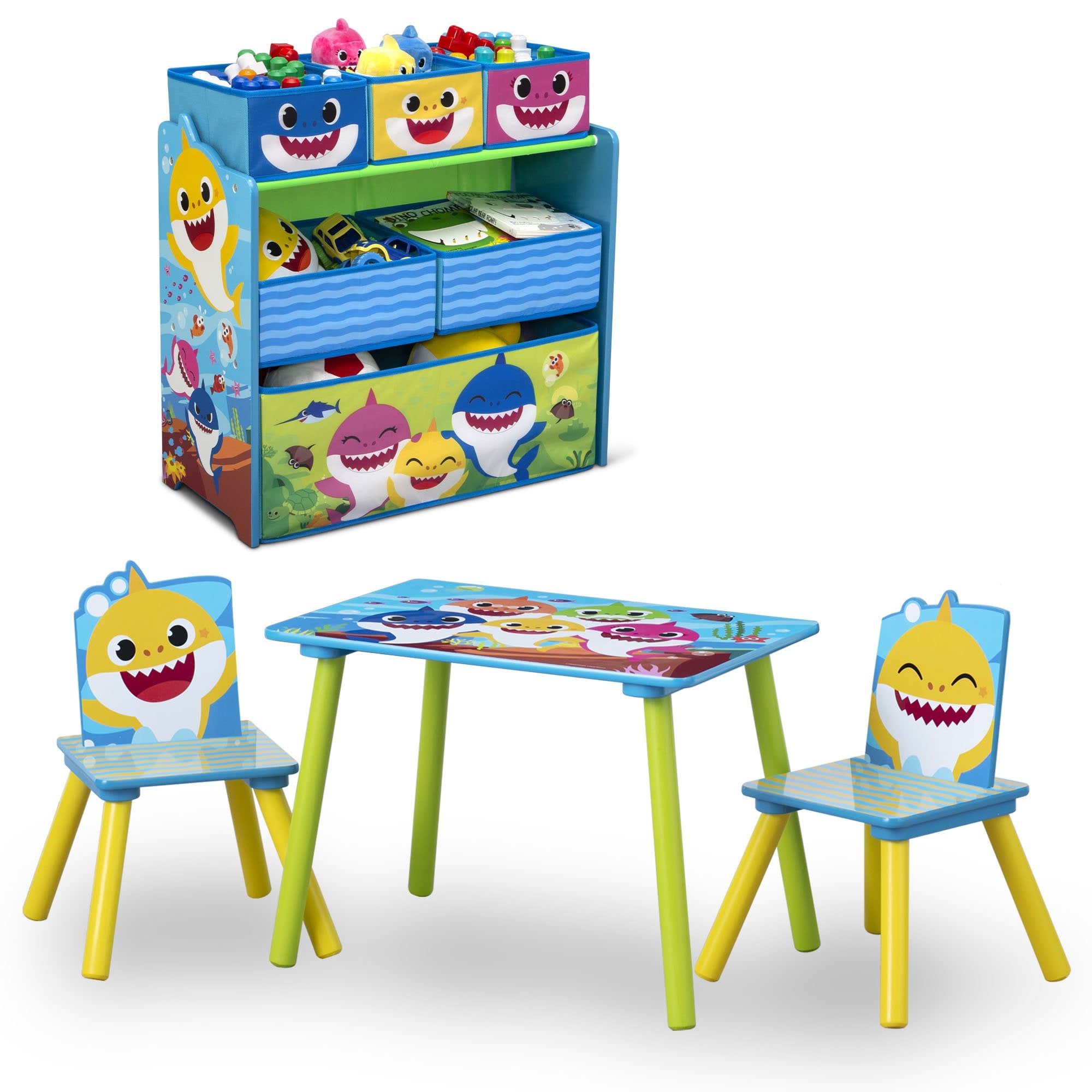 Baby Shark 4-Piece Kids Playroom Set - Table, 2 Chairs & 6-Bin Toy Storage Organizer for Toddlers | Perfect for Playrooms, Daycares & Preschool Learning Spaces
