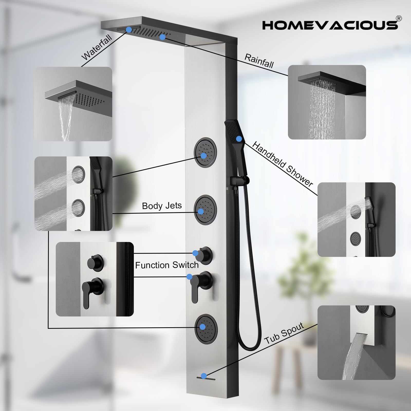 Homevacious 5-in-1 Shower Panel Tower System with Rainfall Shower Head, 3 Body Jets, Handheld Shower & Tub Spout - Modern Brushed Nickel Massage Shower System for Spa-Like Bathroom Experience