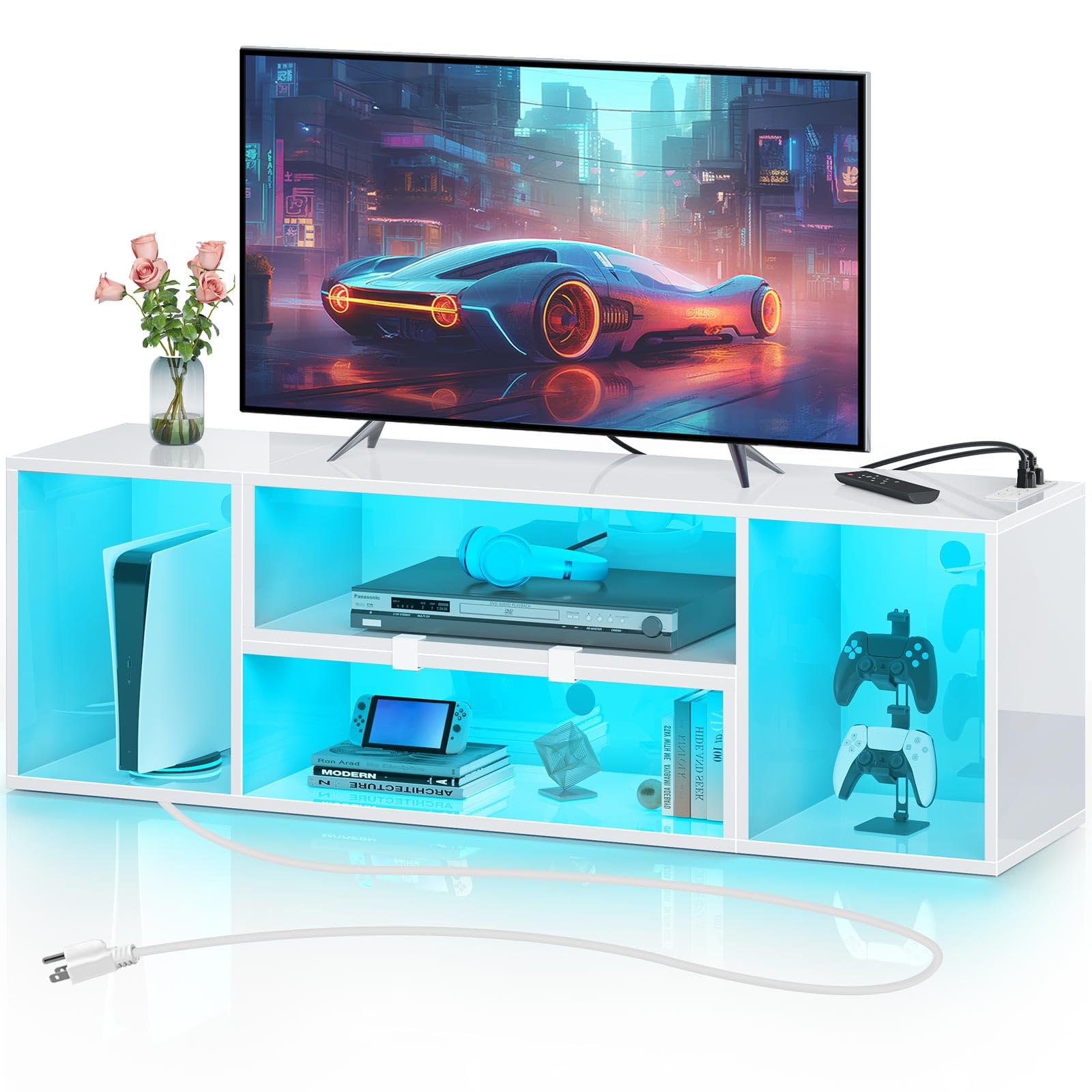 Rolanstar Modern TV Stand with LED Lights & Power Outlets - Adjustable Entertainment Center for 45-70 Inch TVs, 2-Piece Media Console Cabinet (Glossy White) - Perfect for Living Room, Gaming Setup & Home Theater Systems