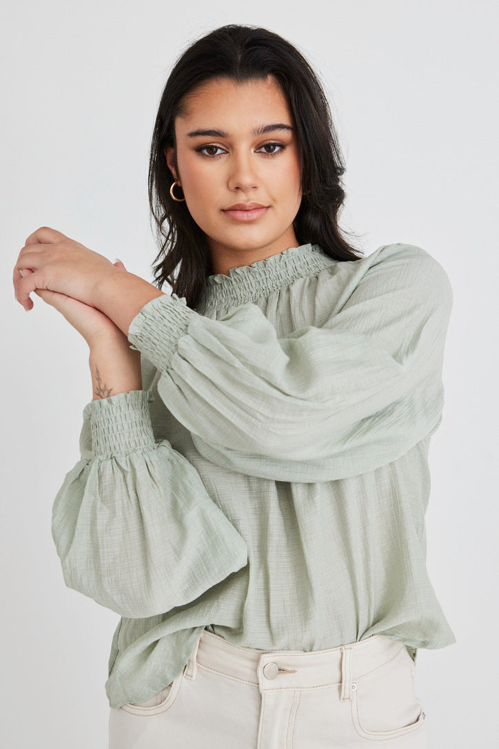 Embrace Sage Crinkle Long Sleeve High Neck Blouse with Shirred Detail & Puff Sleeves - Elegant Women's Tops for Work, Date Night & Special Occasions