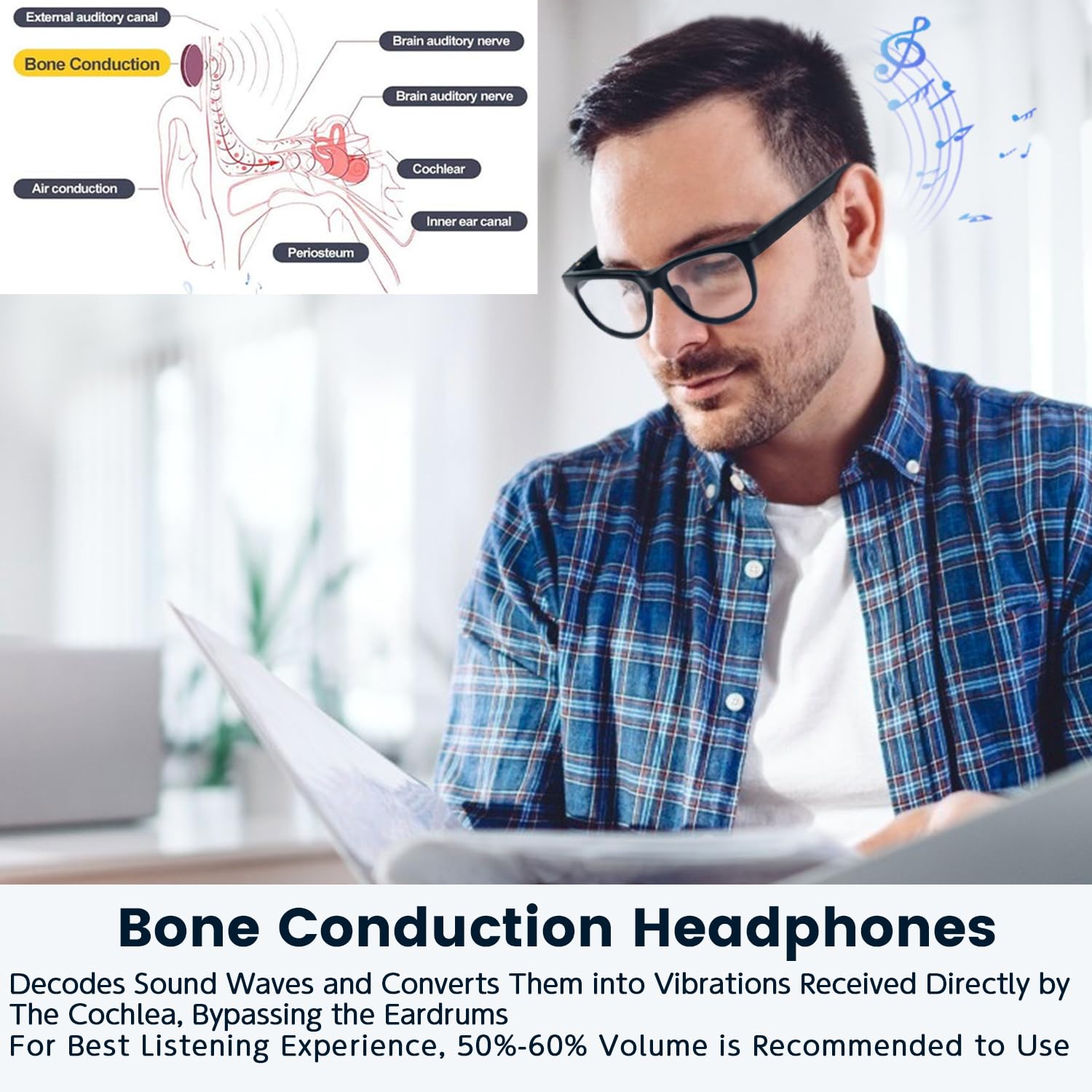 Upgraded Smart Bone Conduction Bluetooth Glasses with Open-Ear Headphones, Photochromic Blue Light Blocking Lenses, IPX6 Waterproof - Hands-Free Calls & Music - Perfect Gift for Dad & Men - Ideal for Running, Cycling & Outdoor Activities
