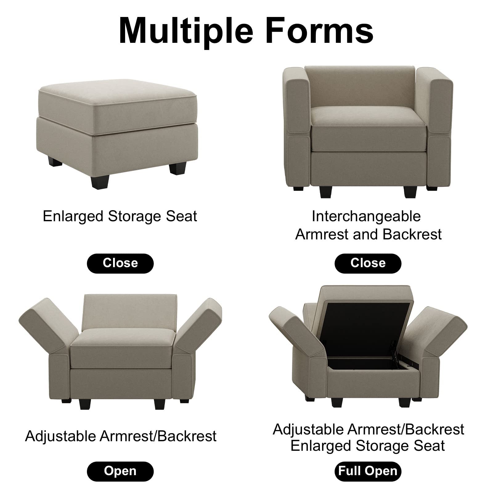 Belffin Modular Sectional Arm Chair with Storage Seat - Velvet Grey Accent Chair for Living Room, Apartment, or Office - Comfortable Single Club Chair for Relaxing & Reading