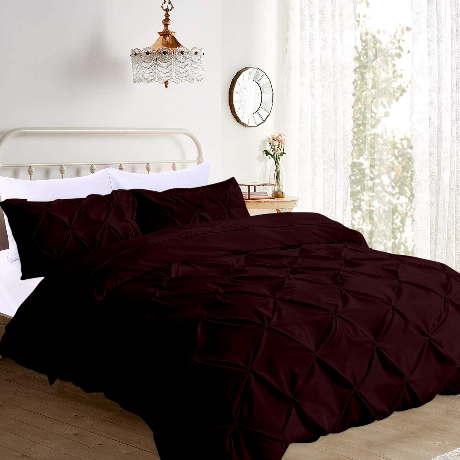 Magic Drapes 800 Thread Count 100% Egyptian Cotton Duvet Cover Set - Pinch Pleated Design with Zipper Closure & Corner Ties, Pintuck Tufted Pattern (Wine, Queen/Full Size) - Perfect for Master Bedroom, Guest Room & Luxury Hotel Decor