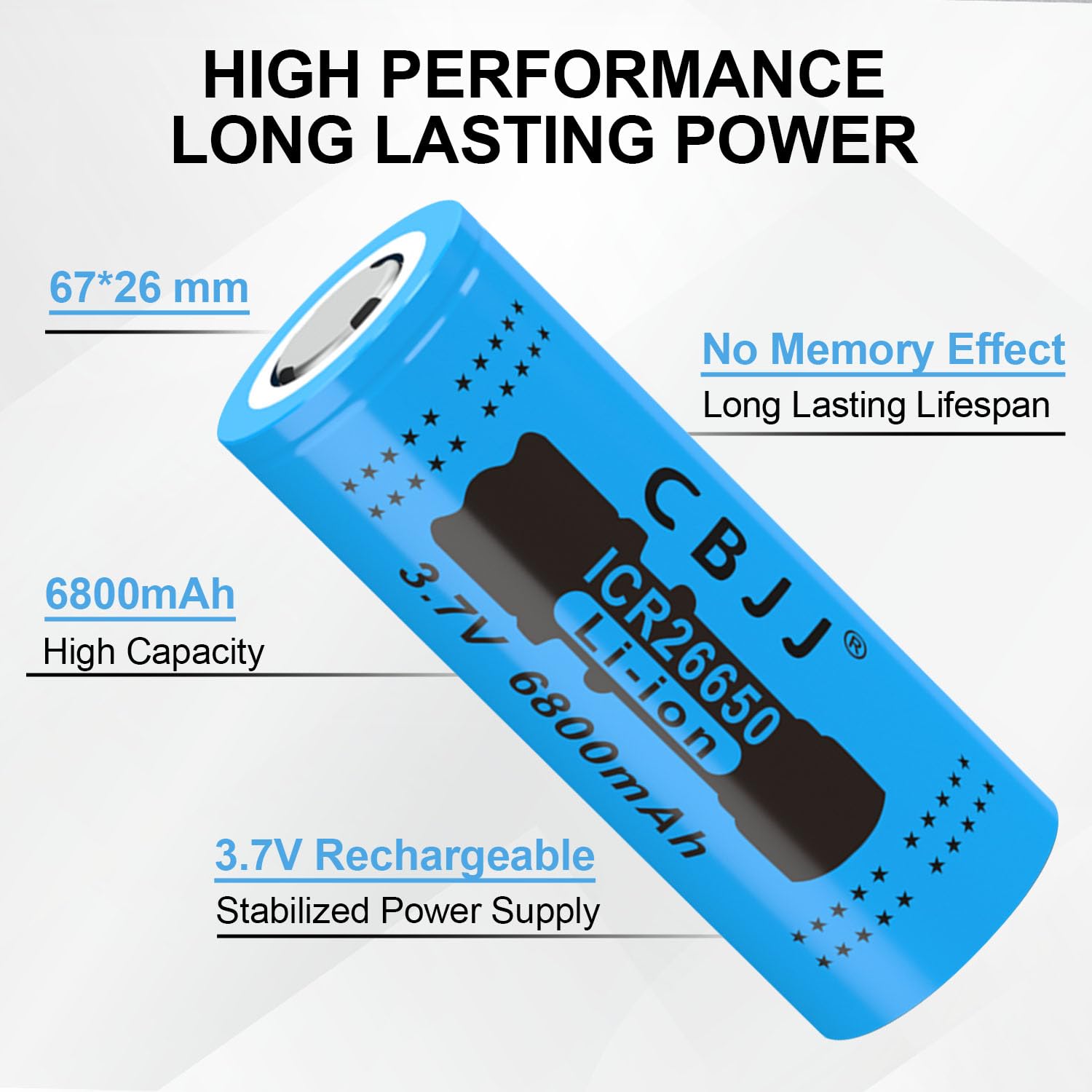 3.7V 26650 Rechargeable Battery 6800mAh High Capacity Flat Top Lithium Ion Batteries (4 Pack) - Perfect for Flashlights, Emergency Kits & Outdoor Gear